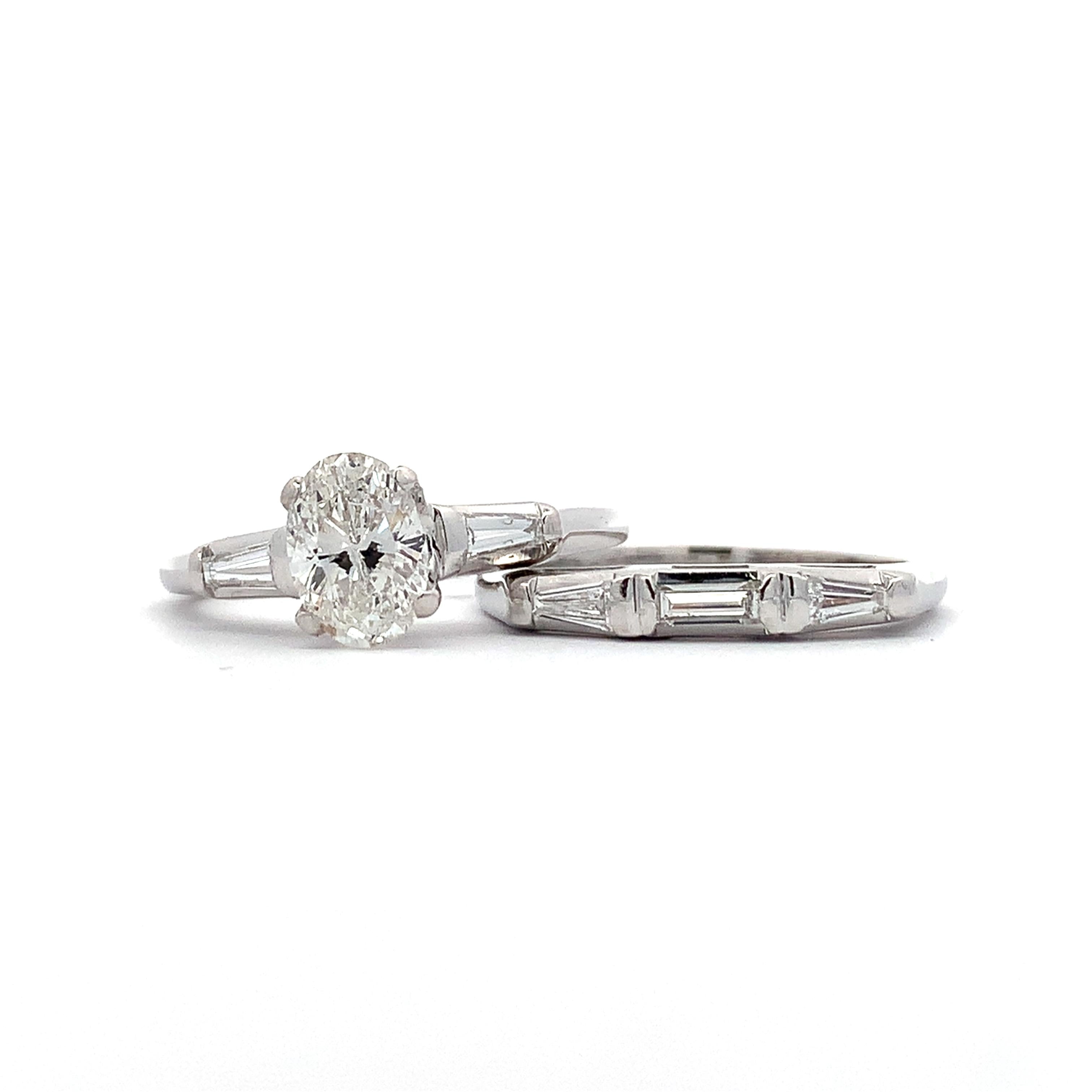 14K White Gold 1CT Oval Diamond With Tapered Baguette Matching Wedding Set Rings