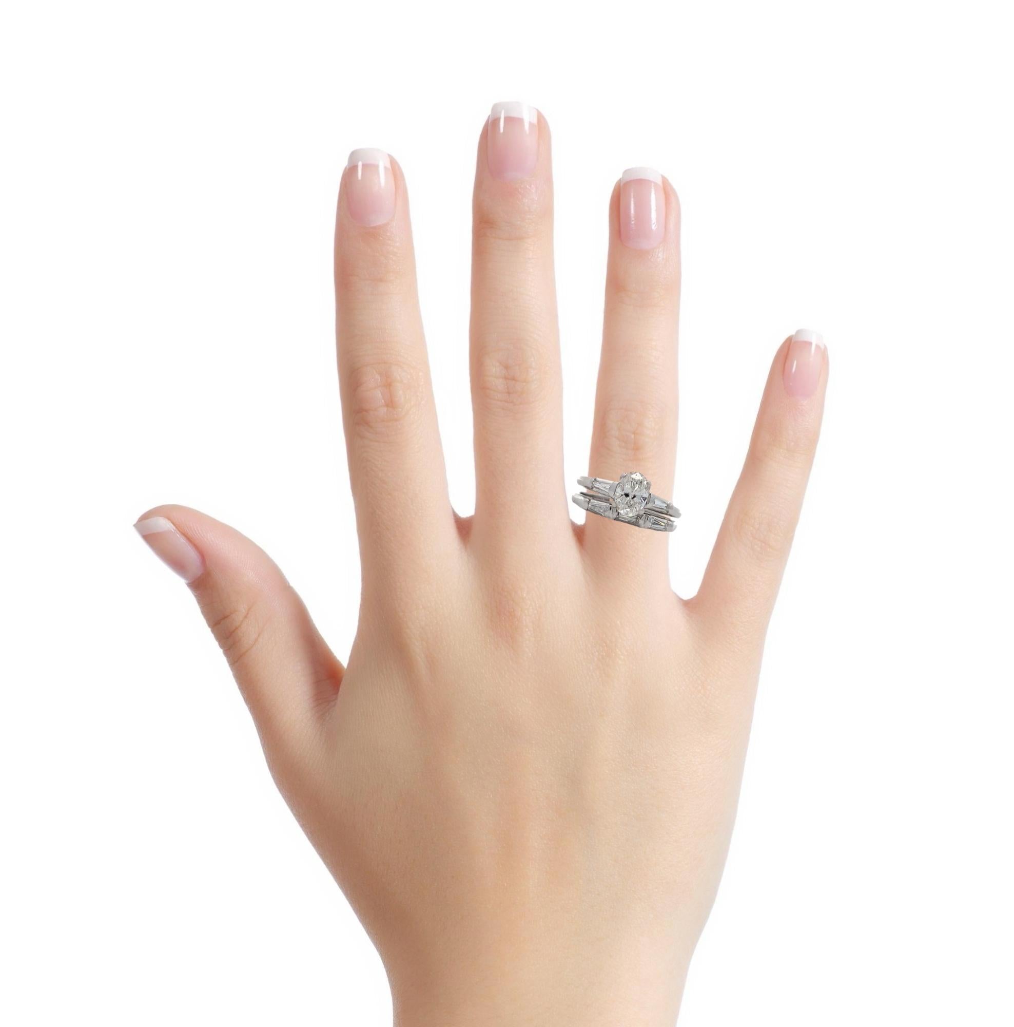 14K White Gold 1CT Oval Diamond With Tapered Baguette Matching Wedding Set Rings