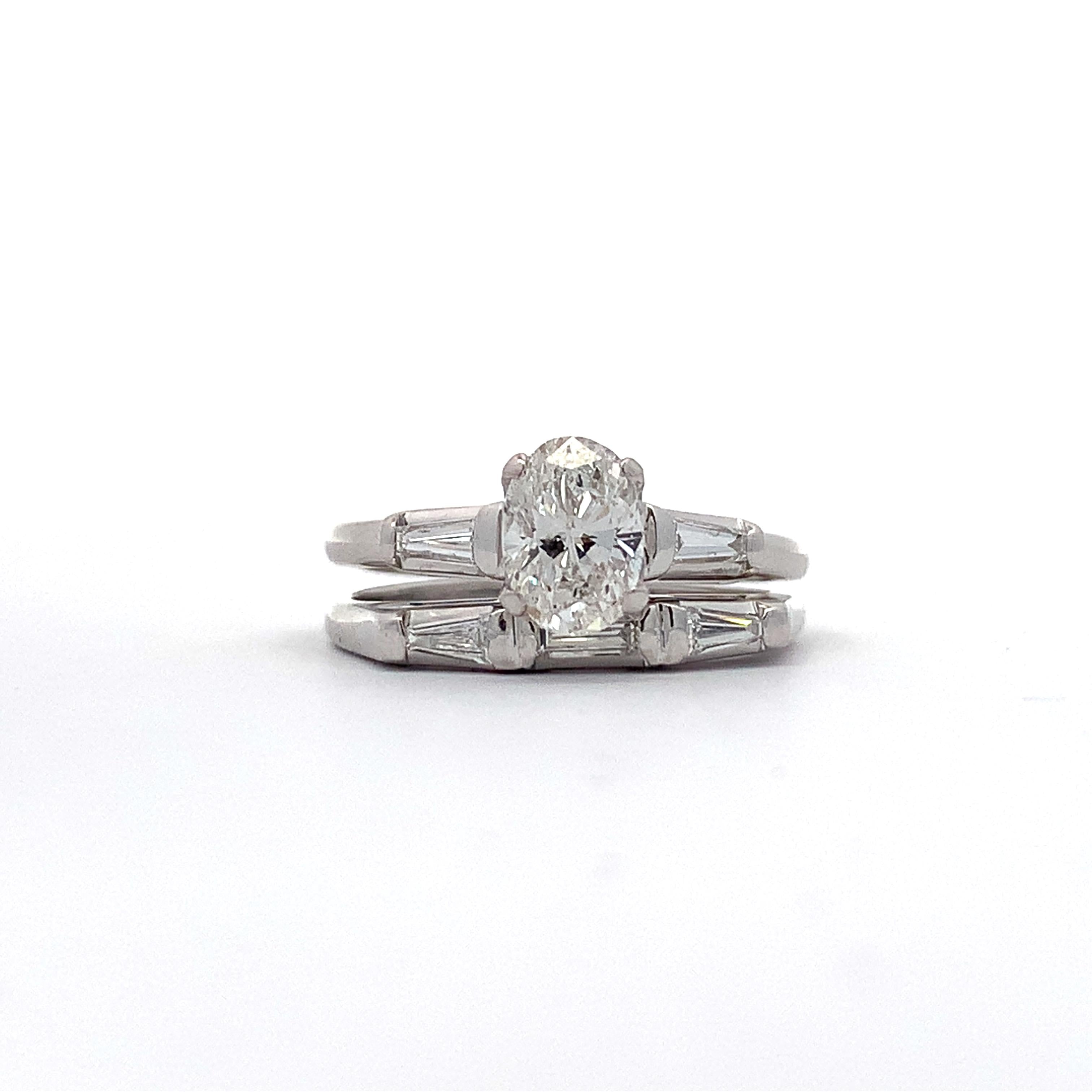 14K White Gold 1CT Oval Diamond With Tapered Baguette Matching Wedding Set Rings