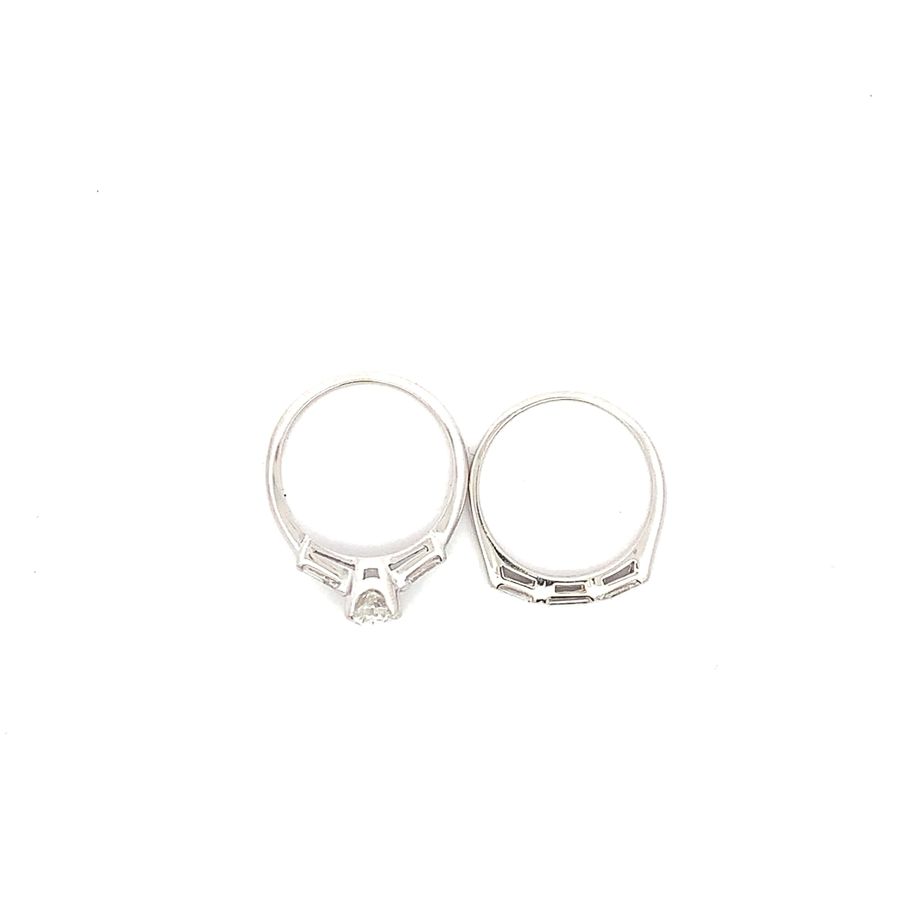 14K White Gold 1CT Oval Diamond With Tapered Baguette Matching Wedding Set Rings