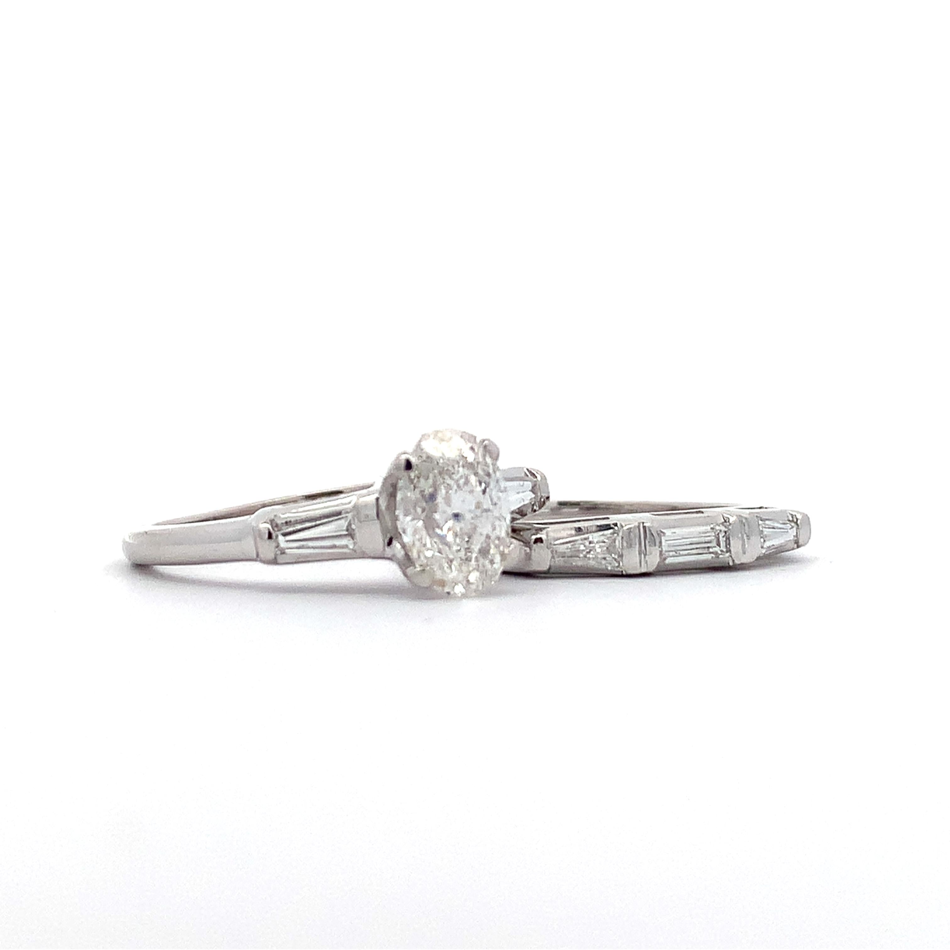 14K White Gold 1CT Oval Diamond With Tapered Baguette Matching Wedding Set Rings