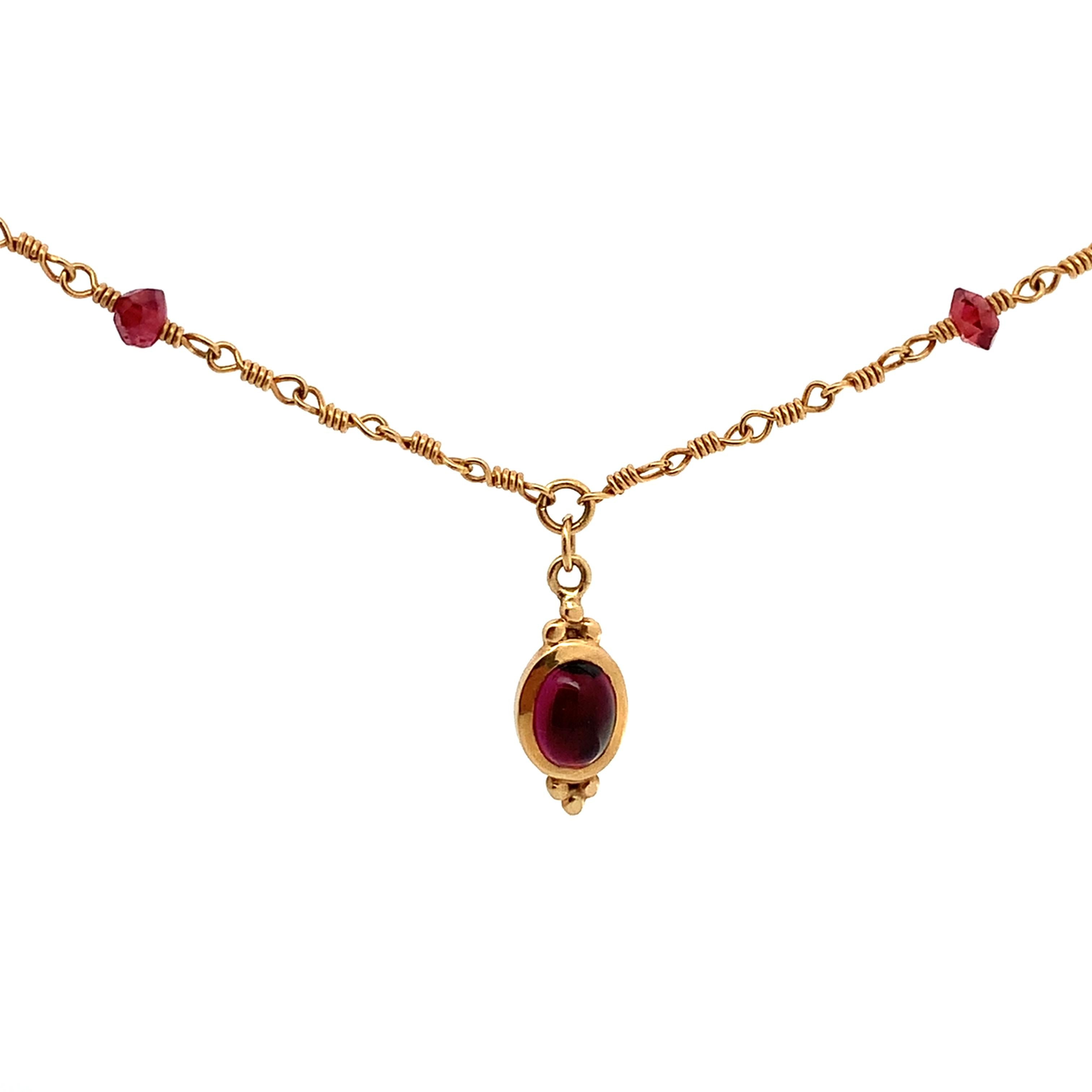 Vintage 14K Yellow Gold Oval Cabochon Garnet W/ 10 Station Beaded Chain Necklace