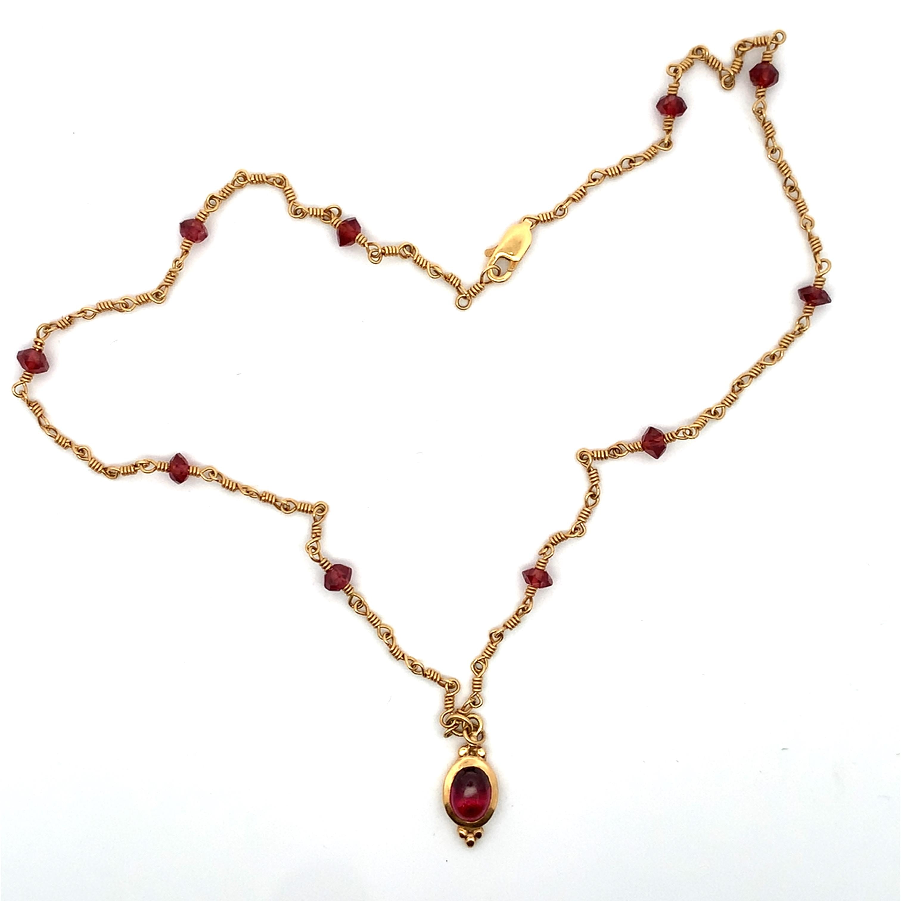 Vintage 14K Yellow Gold Oval Cabochon Garnet W/ 10 Station Beaded Chain Necklace