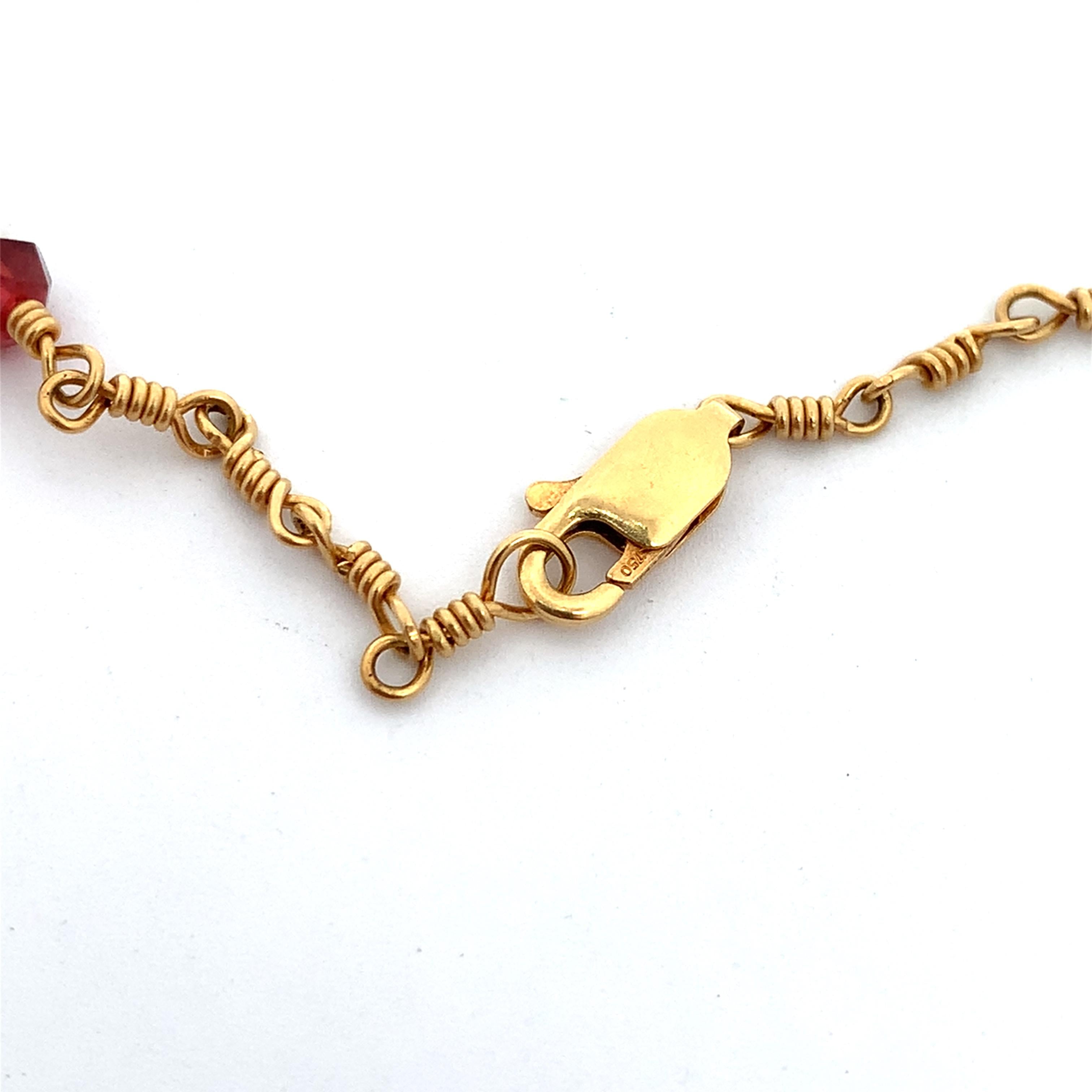 Vintage 14K Yellow Gold Oval Cabochon Garnet W/ 10 Station Beaded Chain Necklace