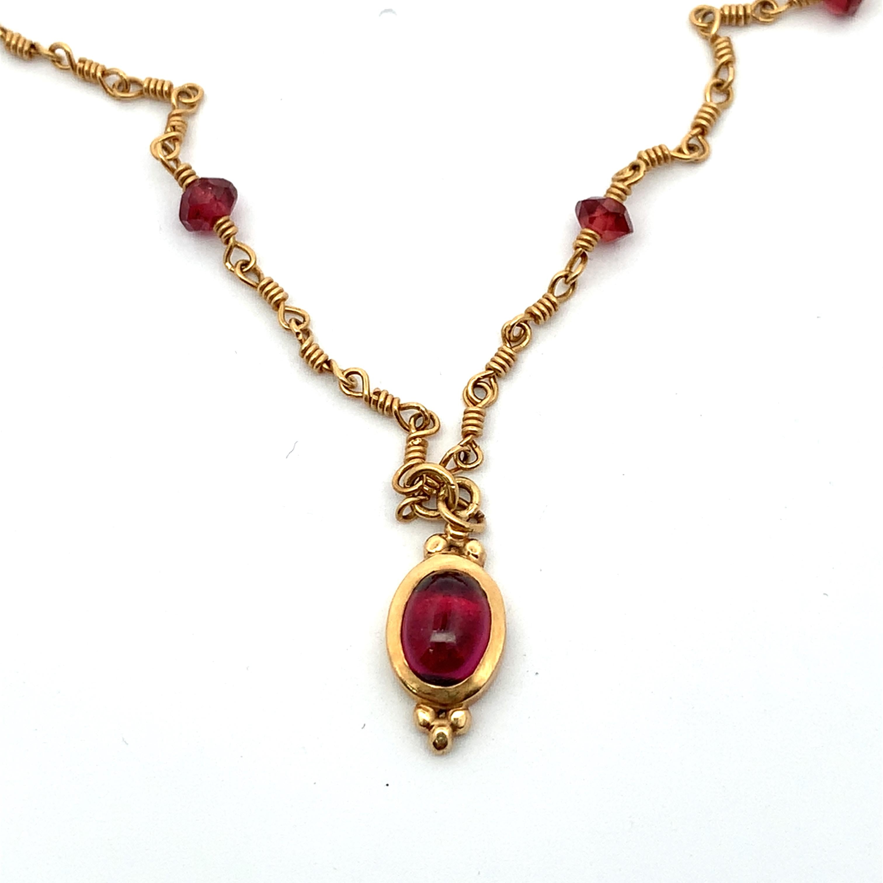 Vintage 14K Yellow Gold Oval Cabochon Garnet W/ 10 Station Beaded Chain Necklace
