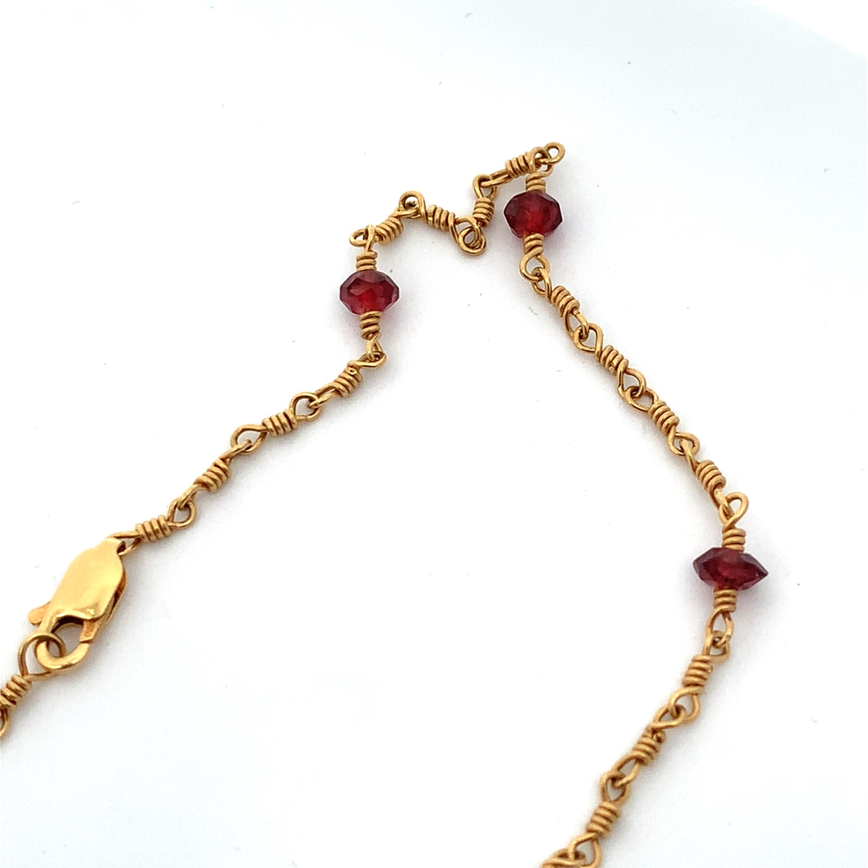 Vintage 14K Yellow Gold Oval Cabochon Garnet W/ 10 Station Beaded Chain Necklace