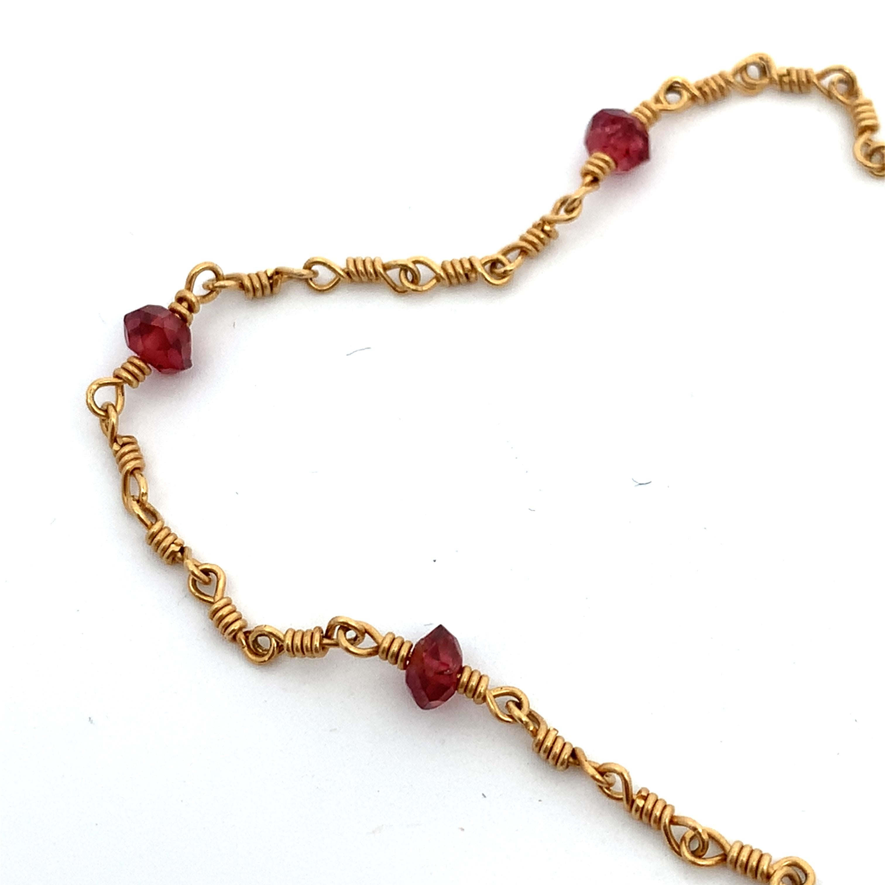 Vintage 14K Yellow Gold Oval Cabochon Garnet W/ 10 Station Beaded Chain Necklace