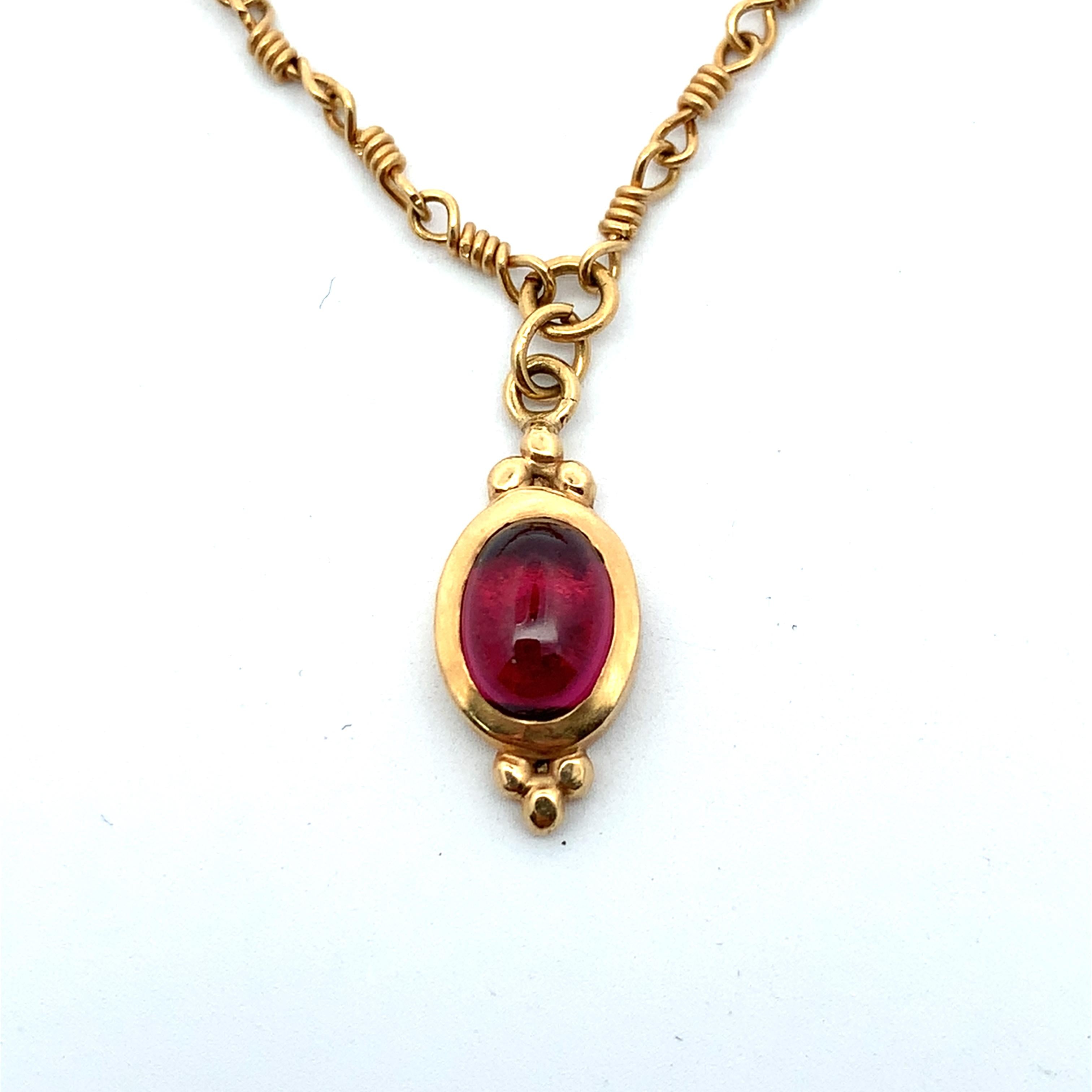 Vintage 14K Yellow Gold Oval Cabochon Garnet W/ 10 Station Beaded Chain Necklace