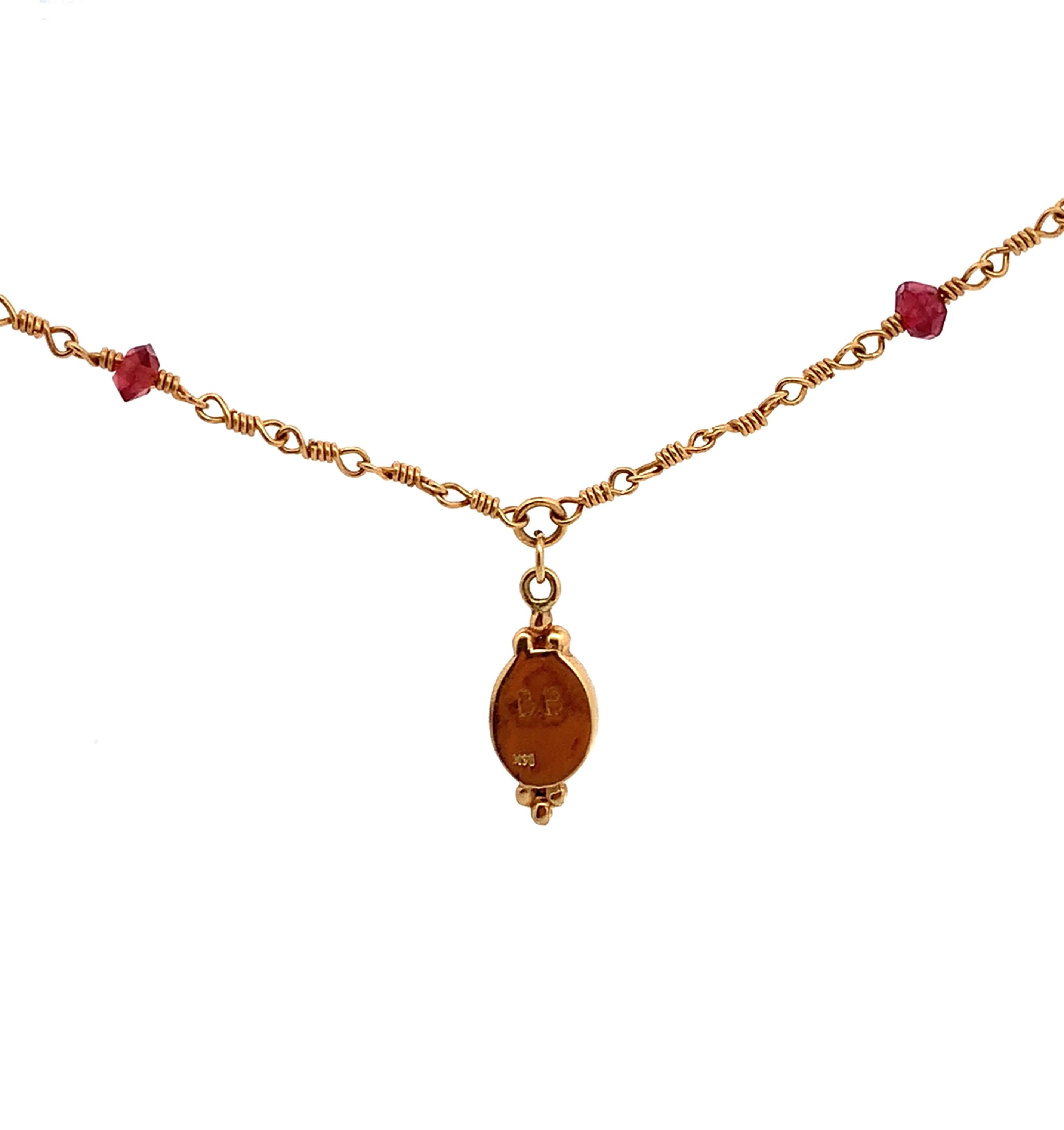 Vintage 14K Yellow Gold Oval Cabochon Garnet W/ 10 Station Beaded Chain Necklace