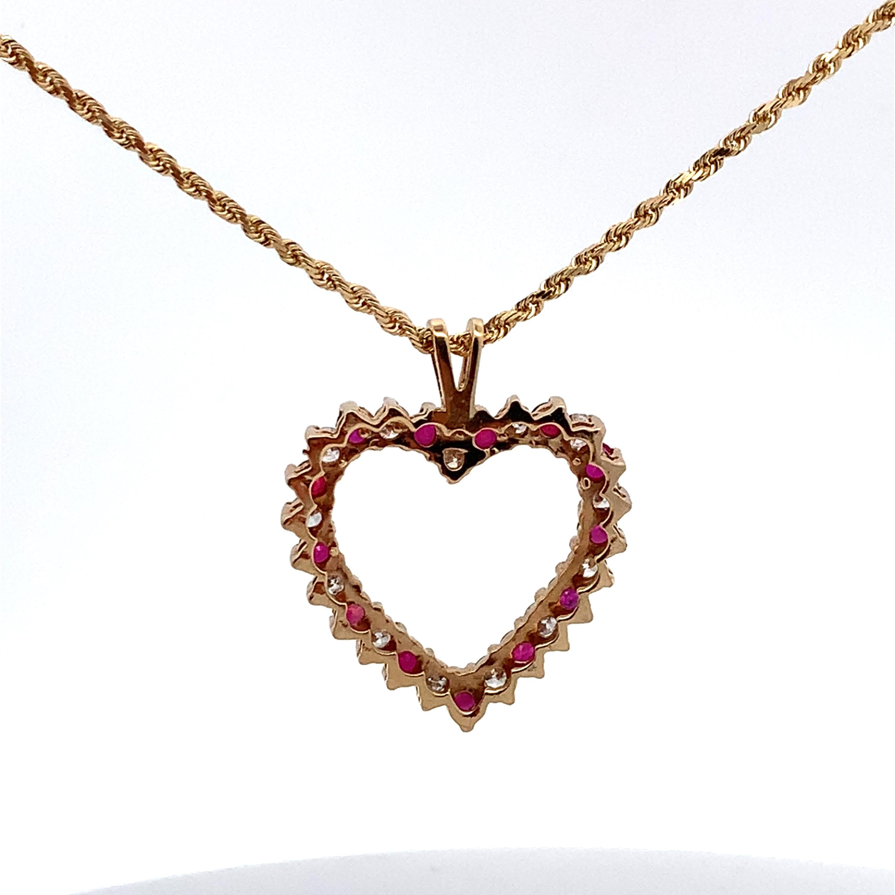 14k Yellow Gold Alternating Ruby & 1CTW RBC Diamond Open Heart Pendant W/ Chain