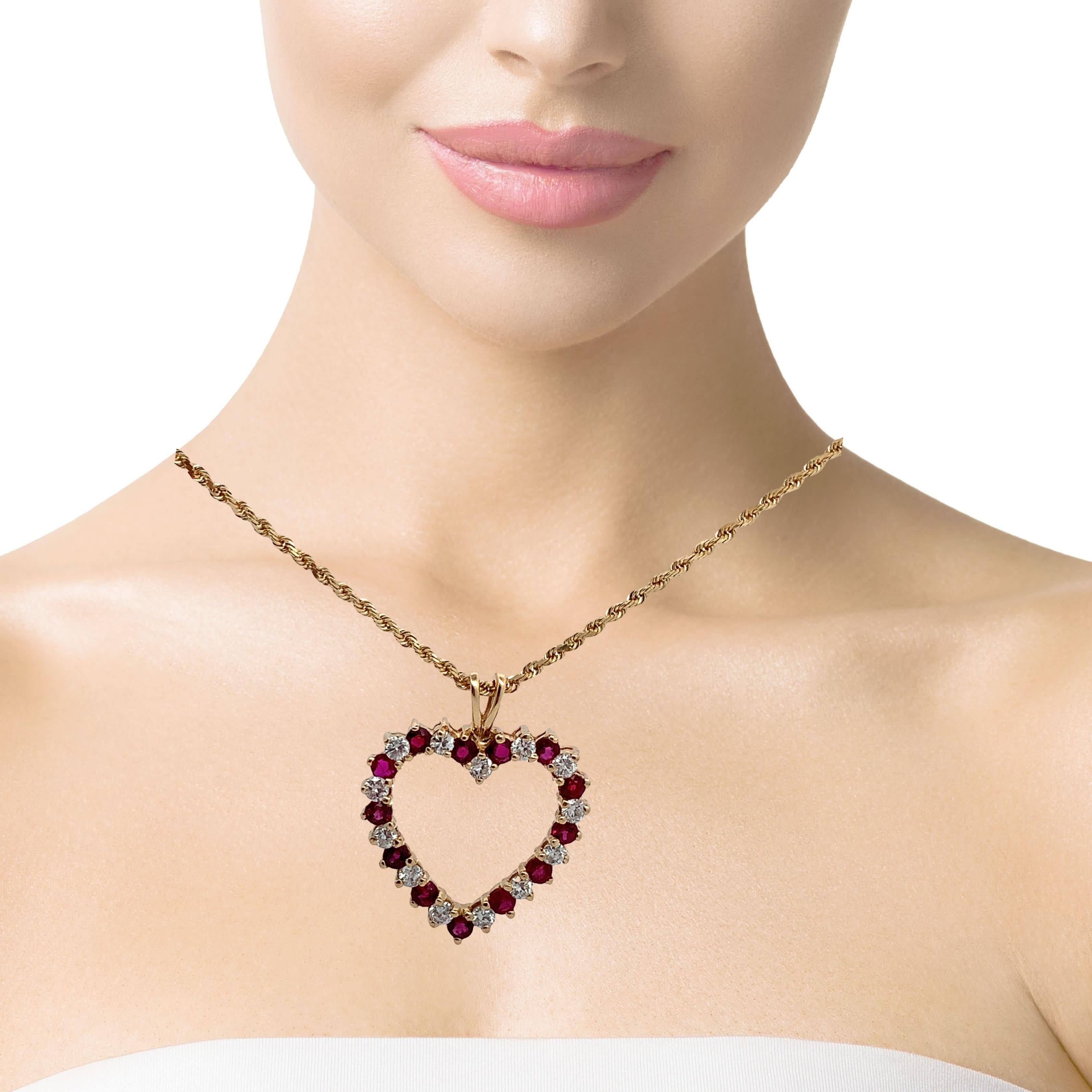 14k Yellow Gold Alternating Ruby & 1CTW RBC Diamond Open Heart Pendant W/ Chain