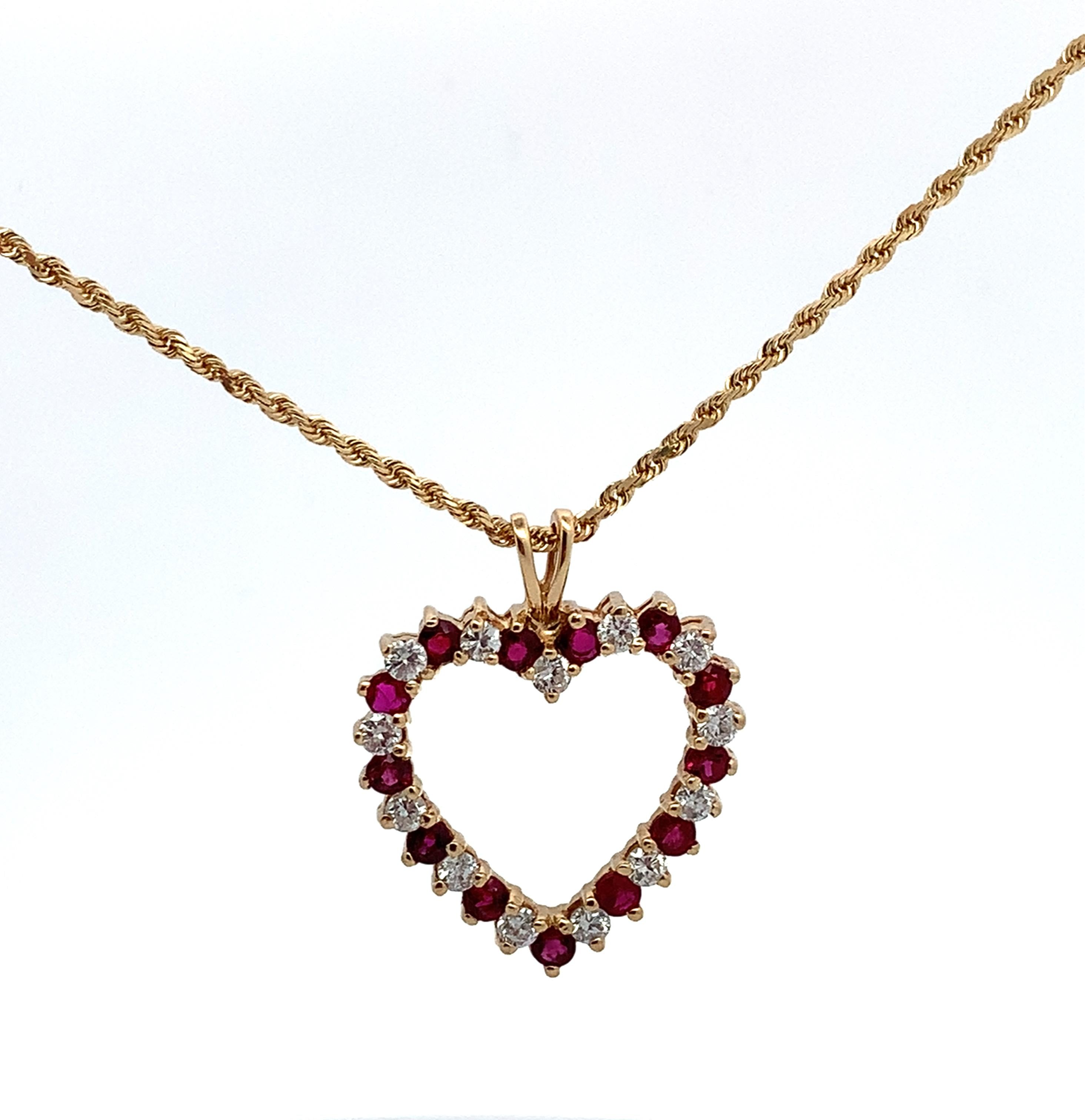 14k Yellow Gold Alternating Ruby & 1CTW RBC Diamond Open Heart Pendant W/ Chain