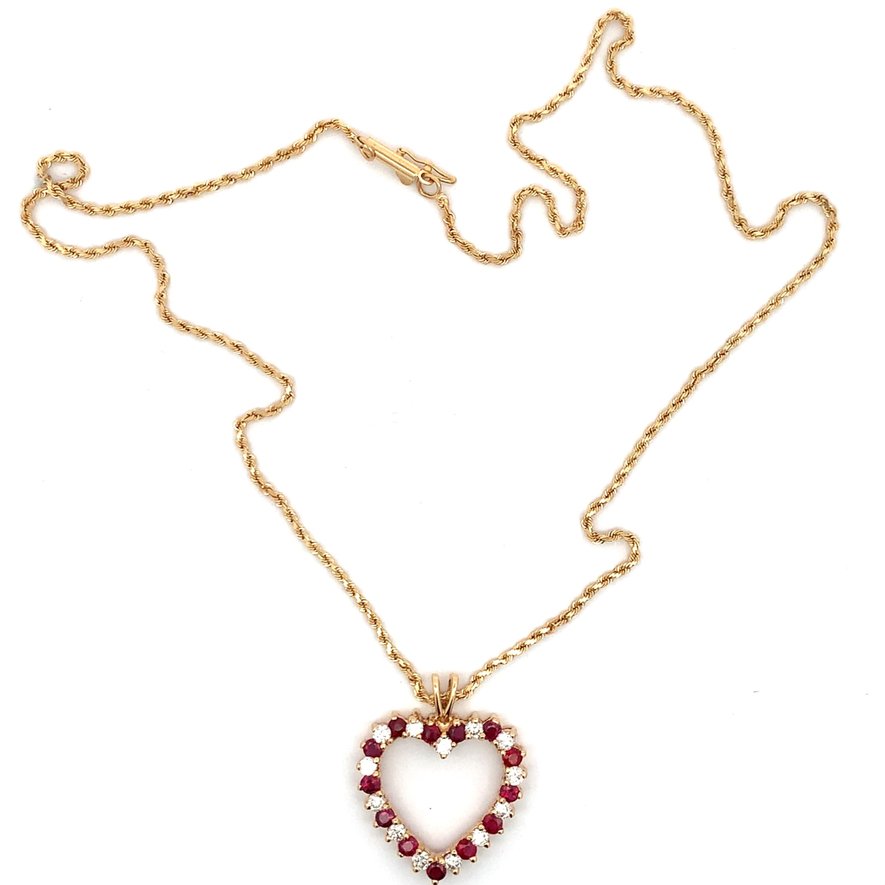 14k Yellow Gold Alternating Ruby & 1CTW RBC Diamond Open Heart Pendant W/ Chain