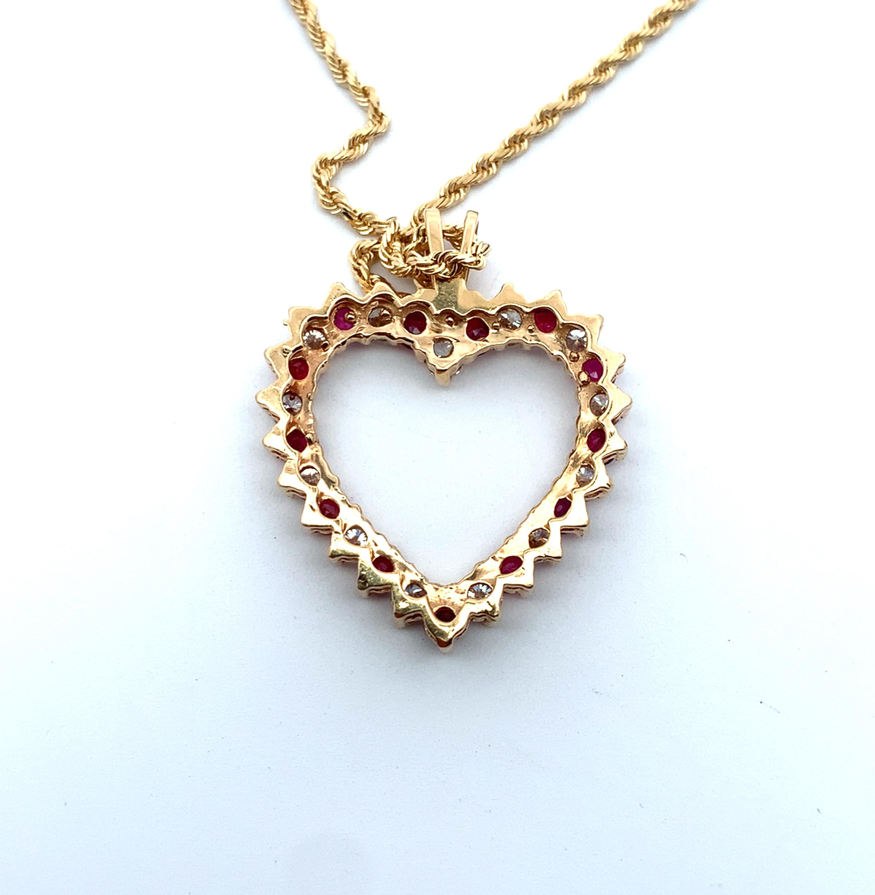 14k Yellow Gold Alternating Ruby & 1CTW RBC Diamond Open Heart Pendant W/ Chain