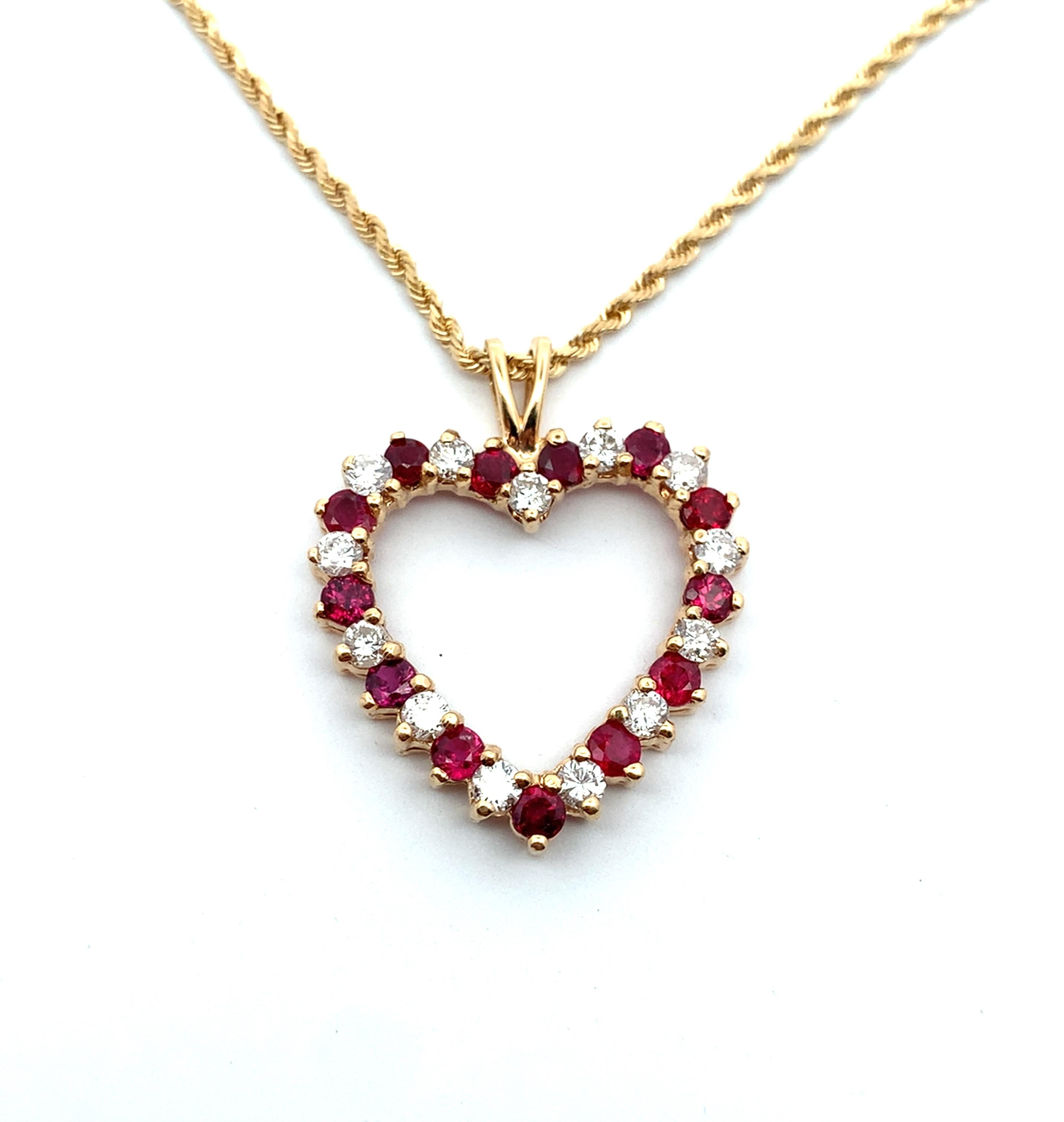14k Yellow Gold Alternating Ruby & 1CTW RBC Diamond Open Heart Pendant W/ Chain