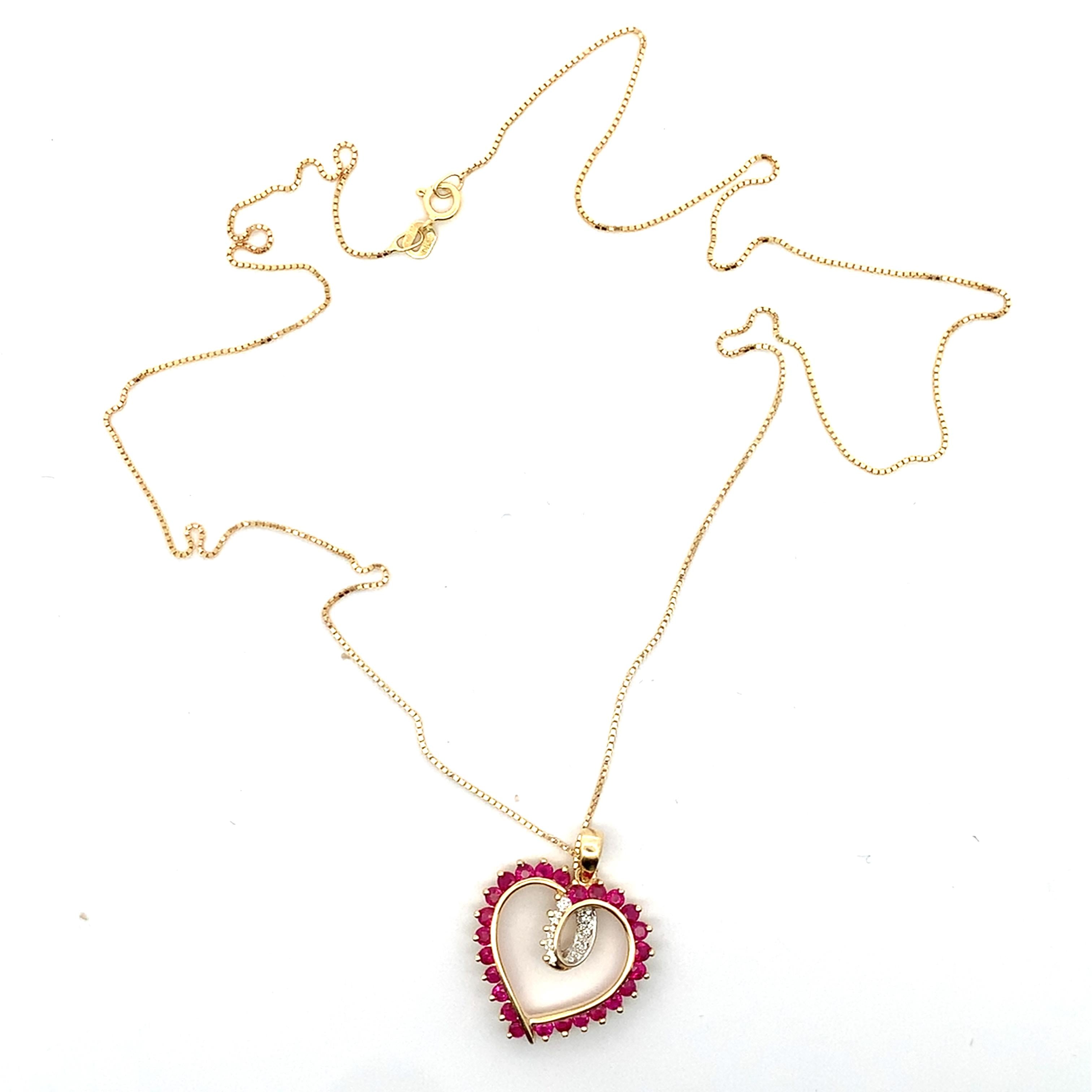 14k Yellow Gold Round Ruby & .07CTW Round Diamond Open Heart Pendant W/Box Chain