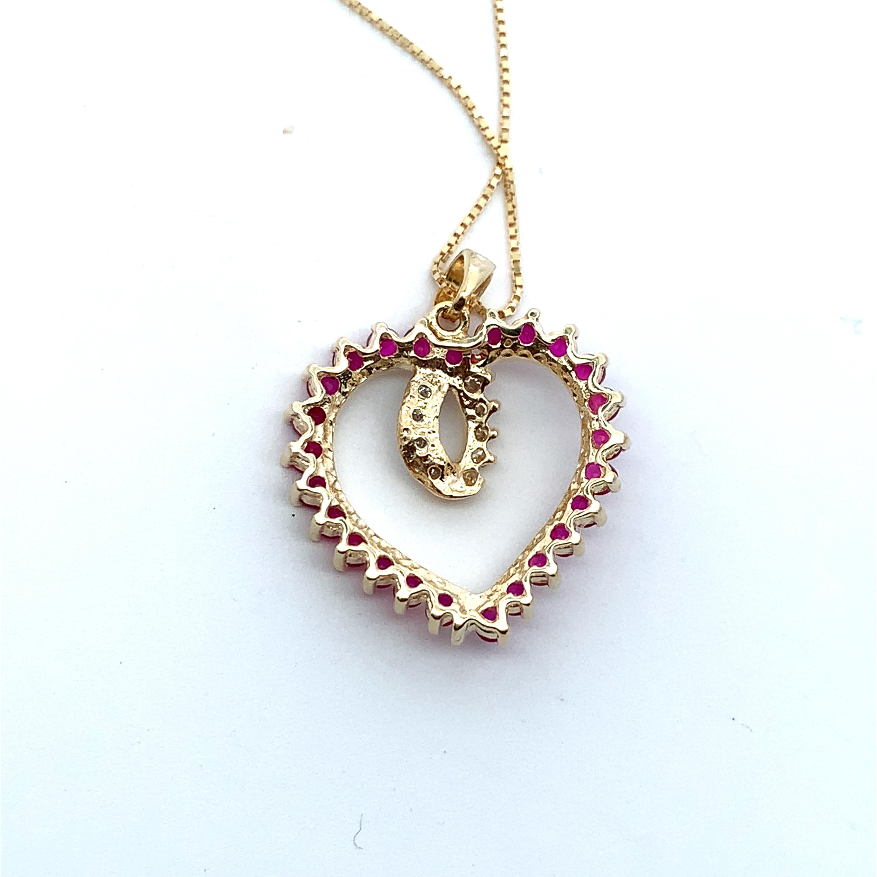 14k Yellow Gold Round Ruby & .07CTW Round Diamond Open Heart Pendant W/Box Chain