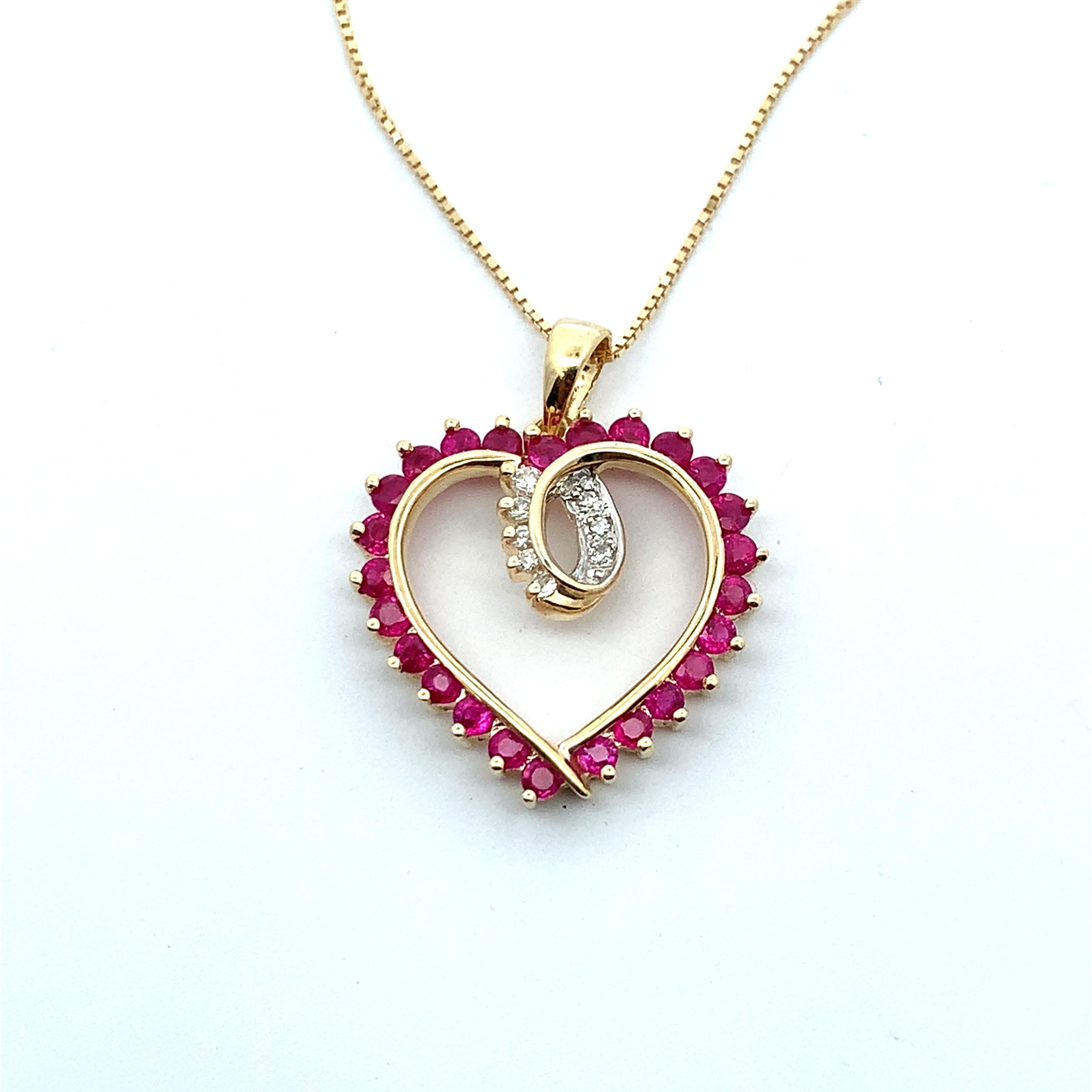 14k Yellow Gold Round Ruby & .07CTW Round Diamond Open Heart Pendant W/Box Chain