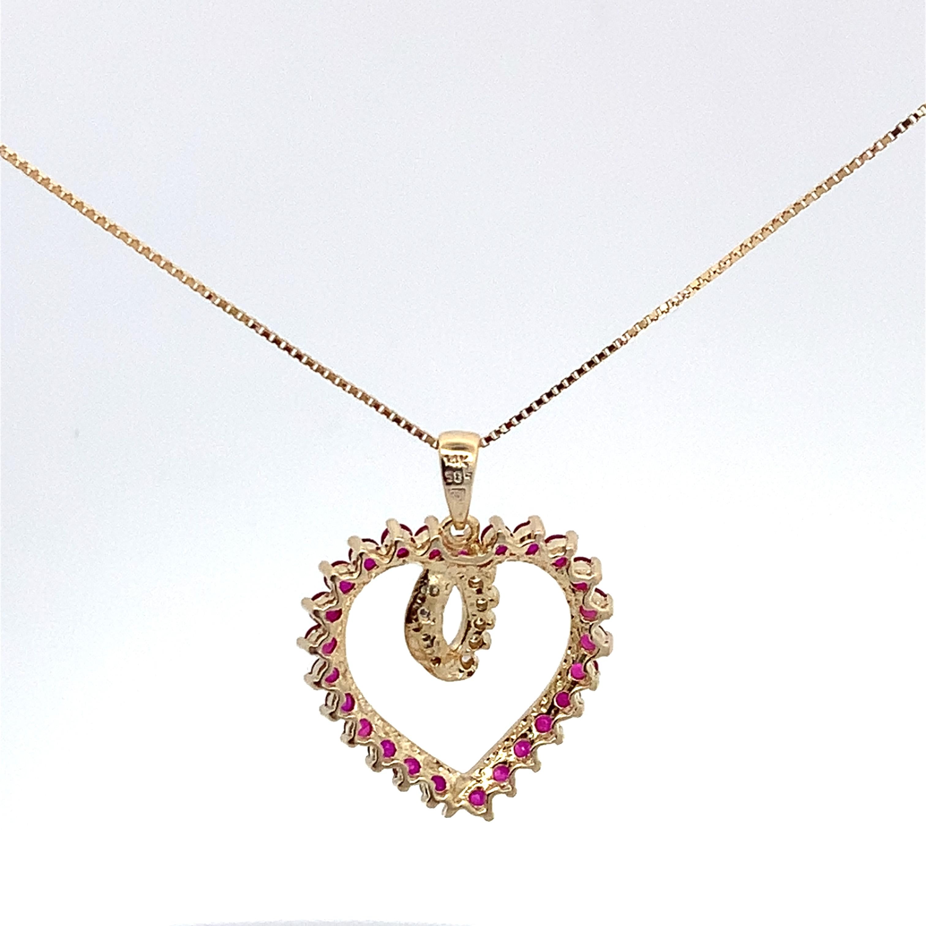 14k Yellow Gold Round Ruby & .07CTW Round Diamond Open Heart Pendant W/Box Chain