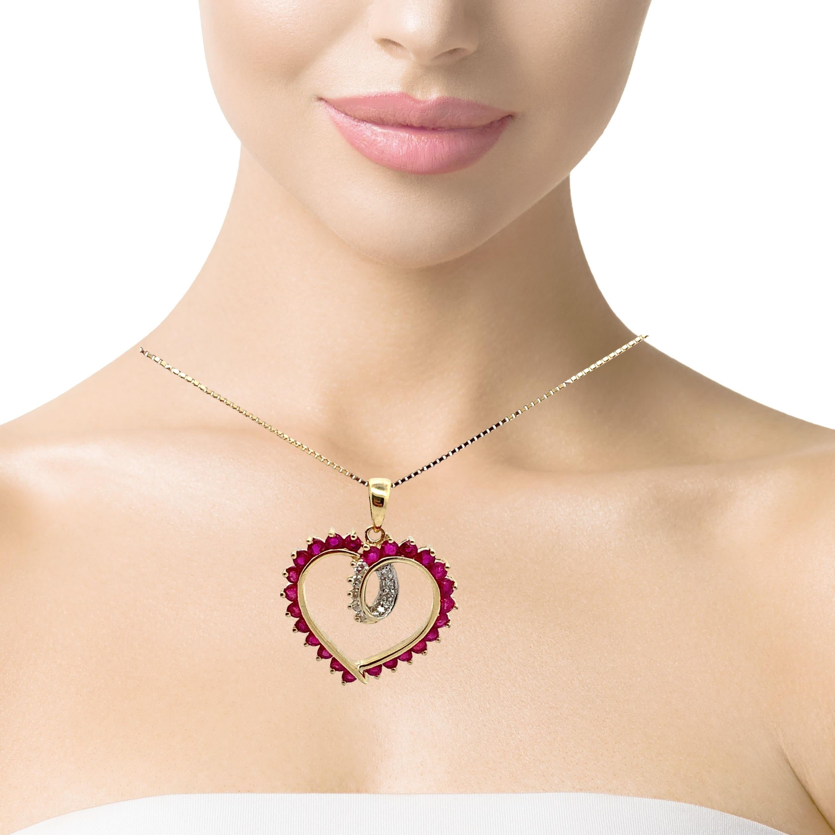 14k Yellow Gold Round Ruby & .07CTW Round Diamond Open Heart Pendant W/Box Chain