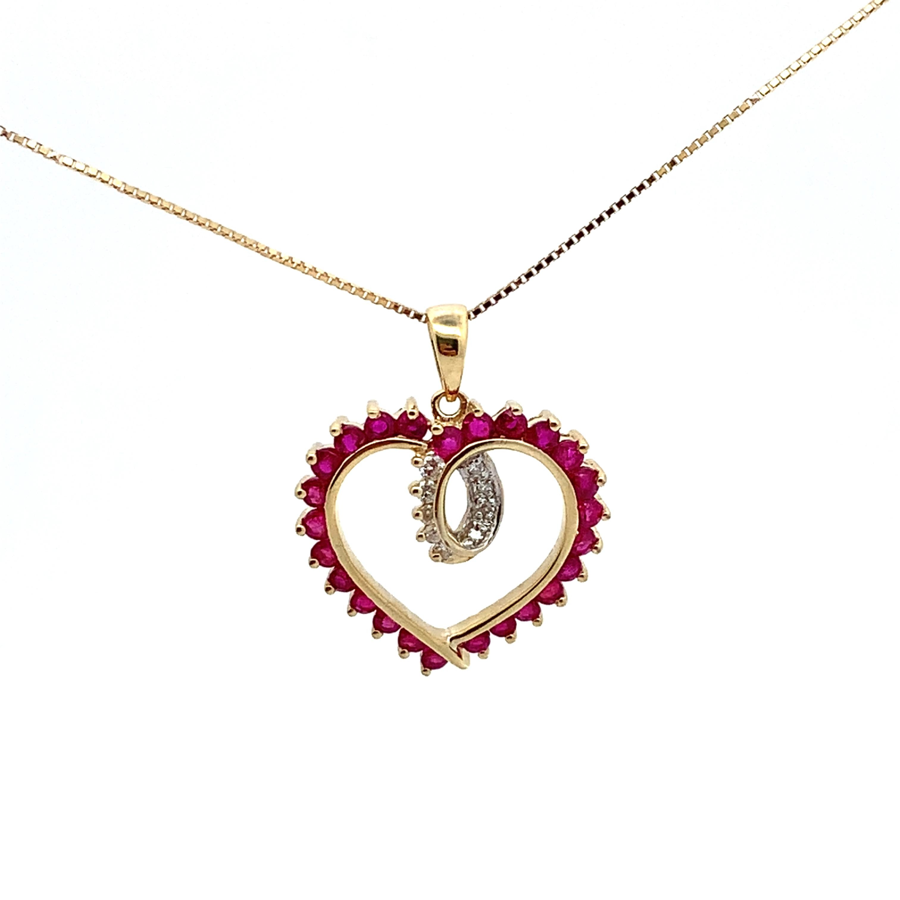 14k Yellow Gold Round Ruby & .07CTW Round Diamond Open Heart Pendant W/Box Chain