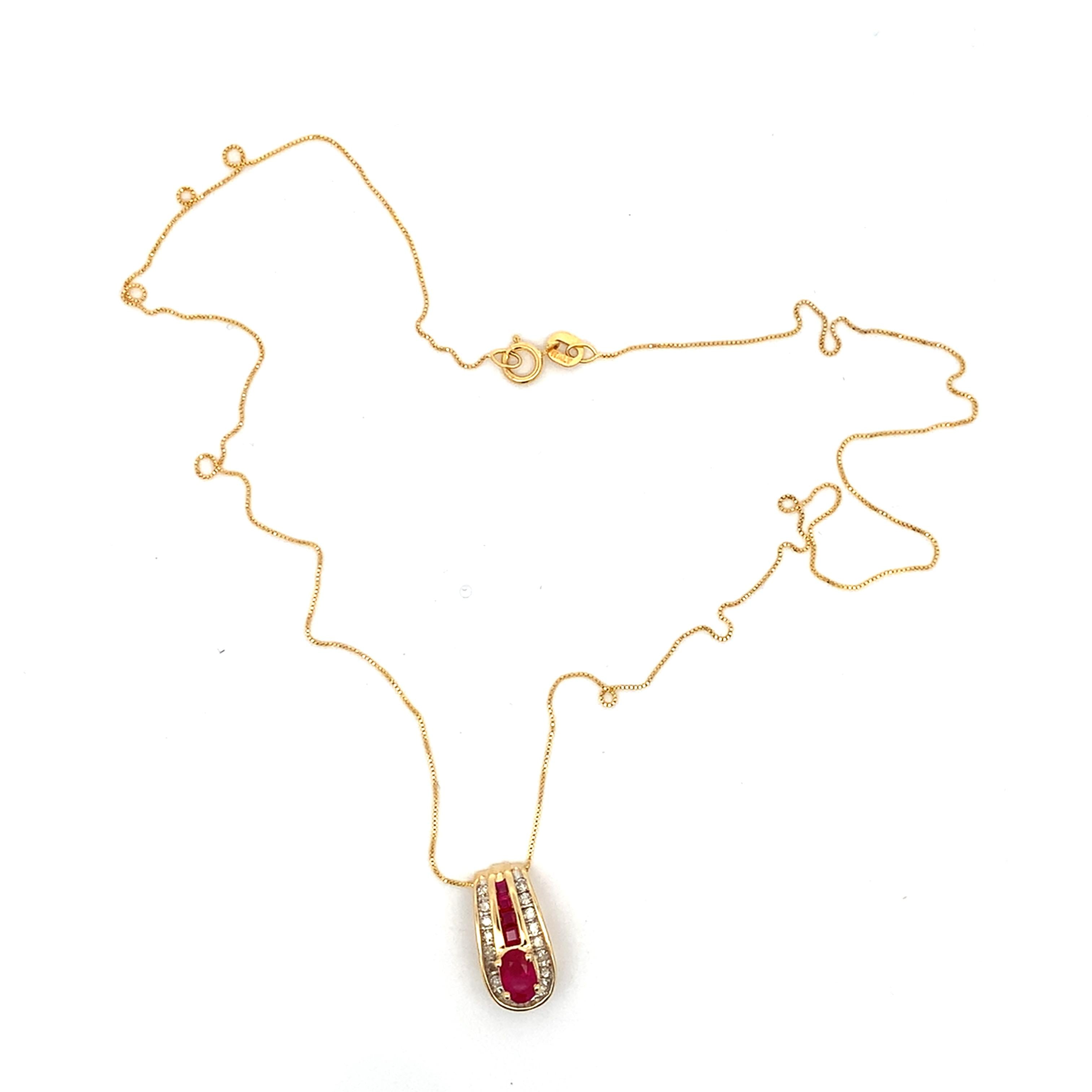 14k Yellow Gold Oval Ruby Center Ruby And Diamond Pendant With Chain