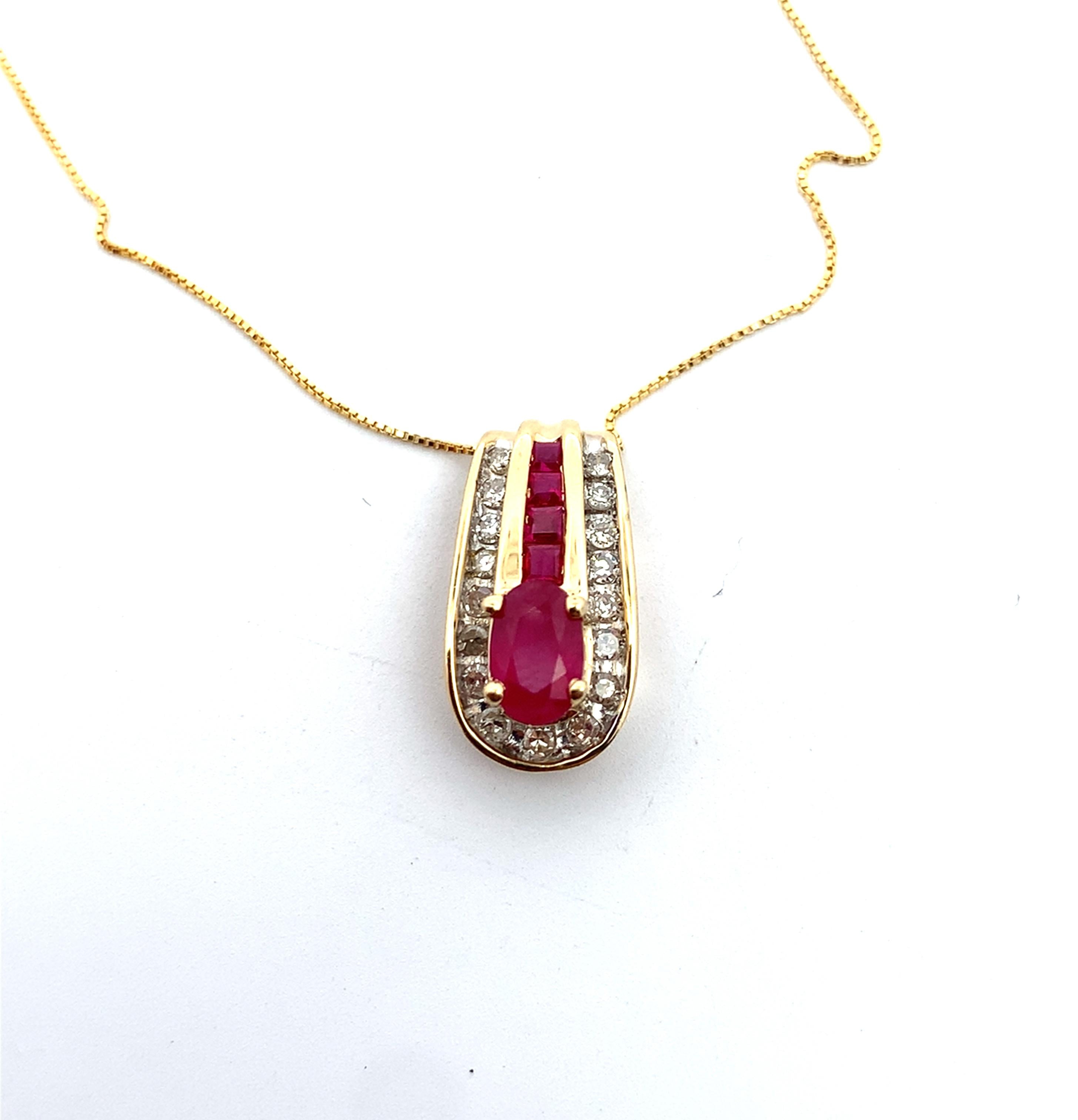 14k Yellow Gold Oval Ruby Center Ruby And Diamond Pendant With Chain