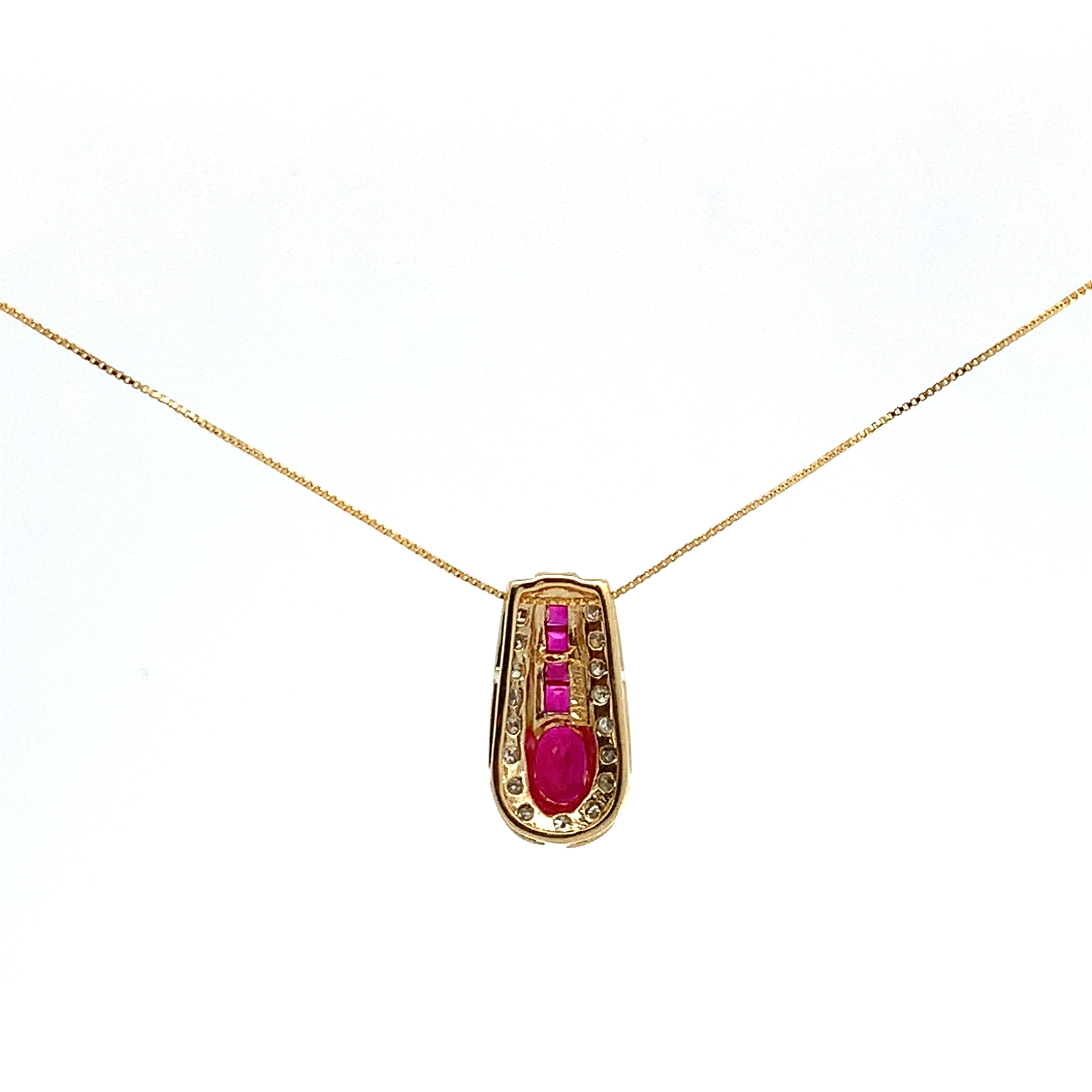 14k Yellow Gold Oval Ruby Center Ruby And Diamond Pendant With Chain