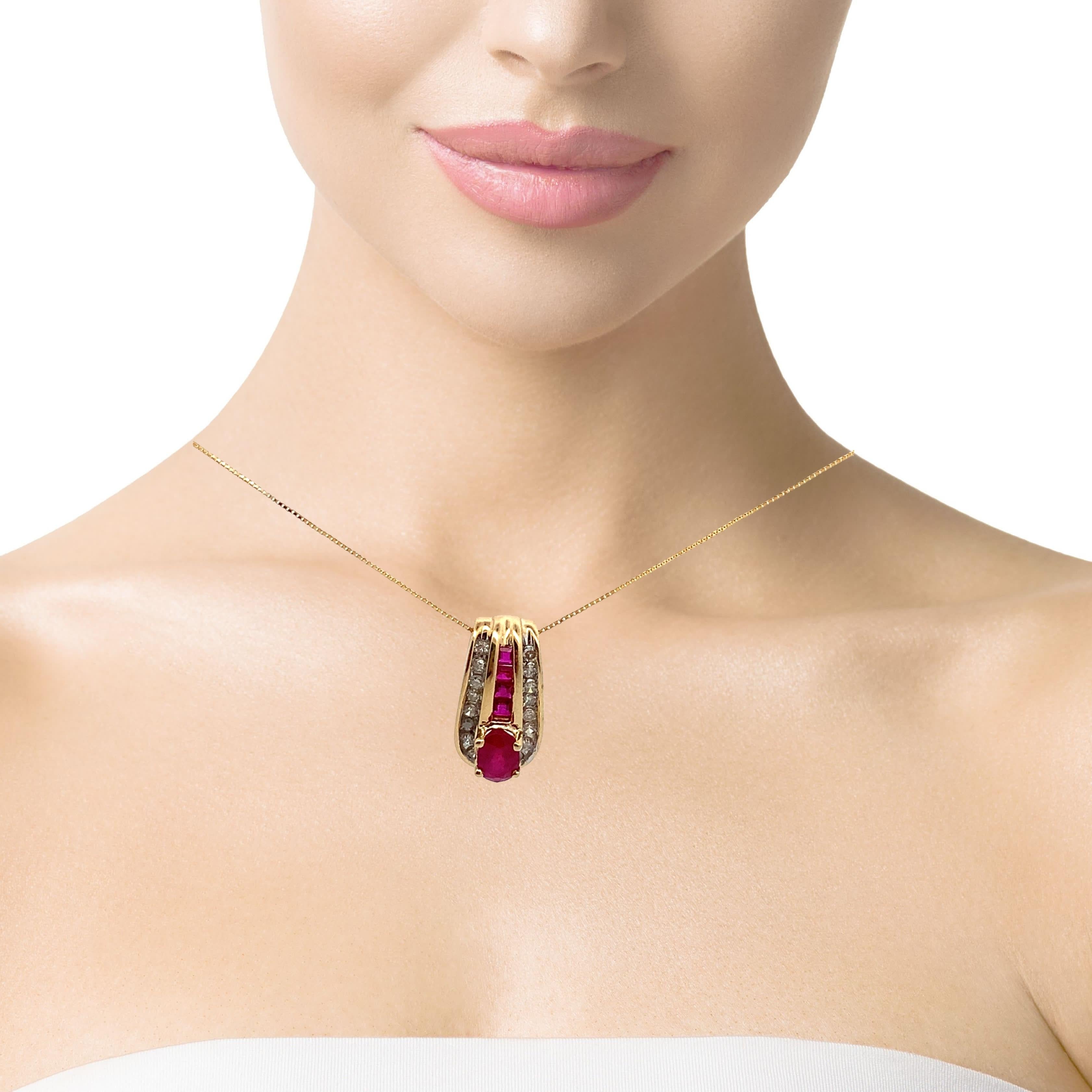 14k Yellow Gold Oval Ruby Center Ruby And Diamond Pendant With Chain