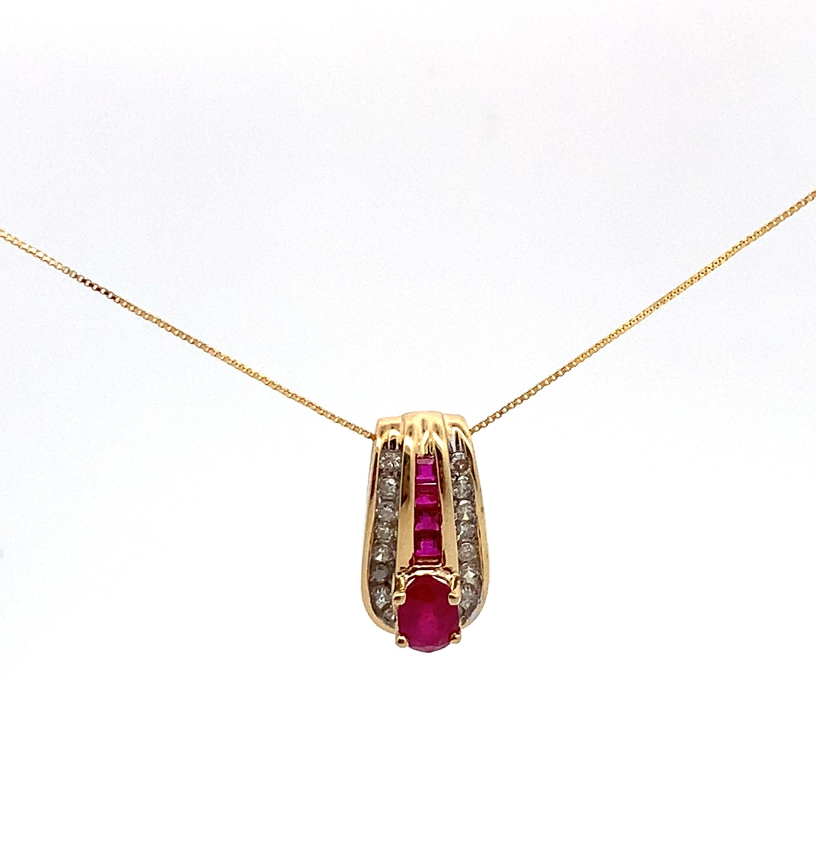 14k Yellow Gold Oval Ruby Center Ruby And Diamond Pendant With Chain