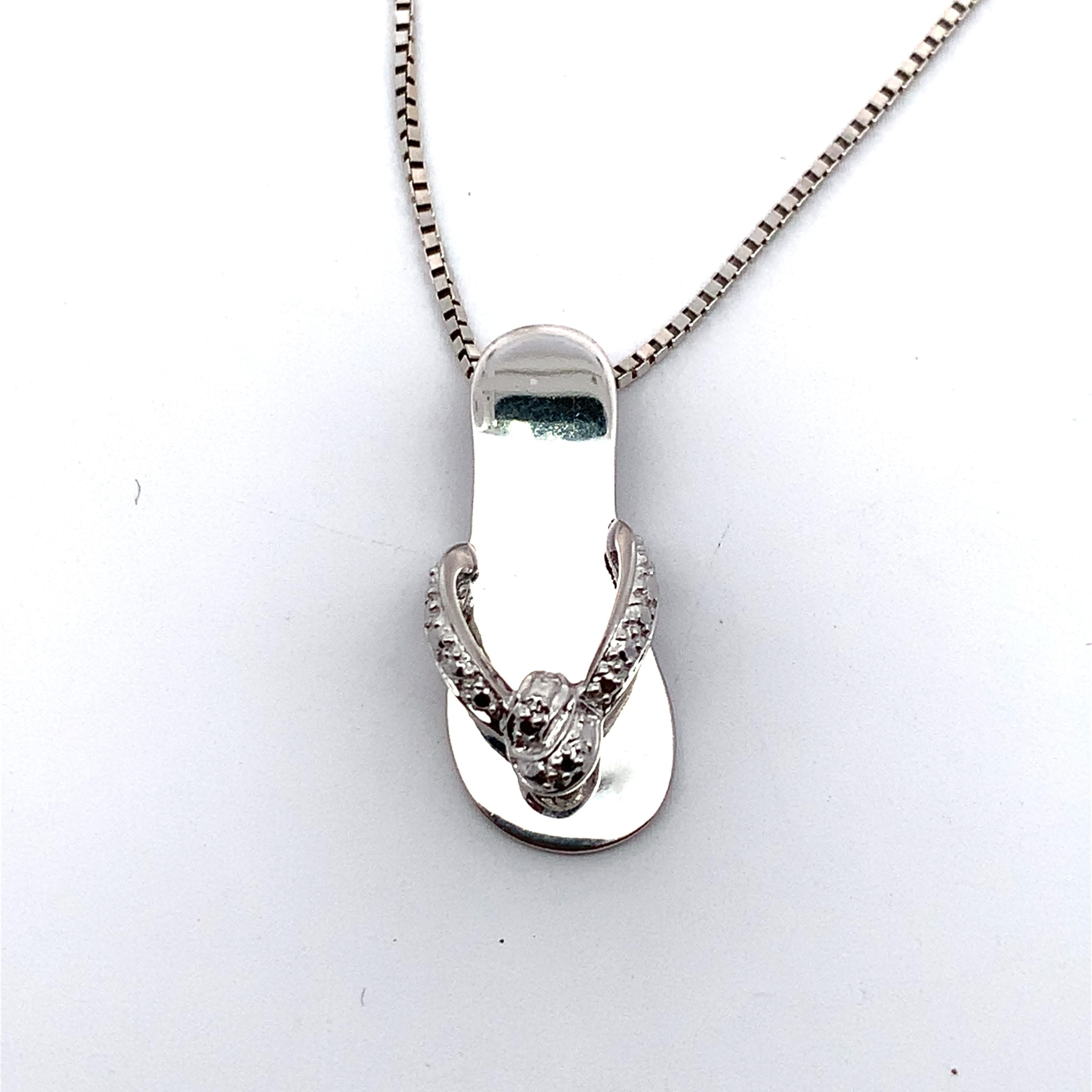 14K White Gold Flip Flop Sandal Pendant Charm With Box Chain Necklace 17"
