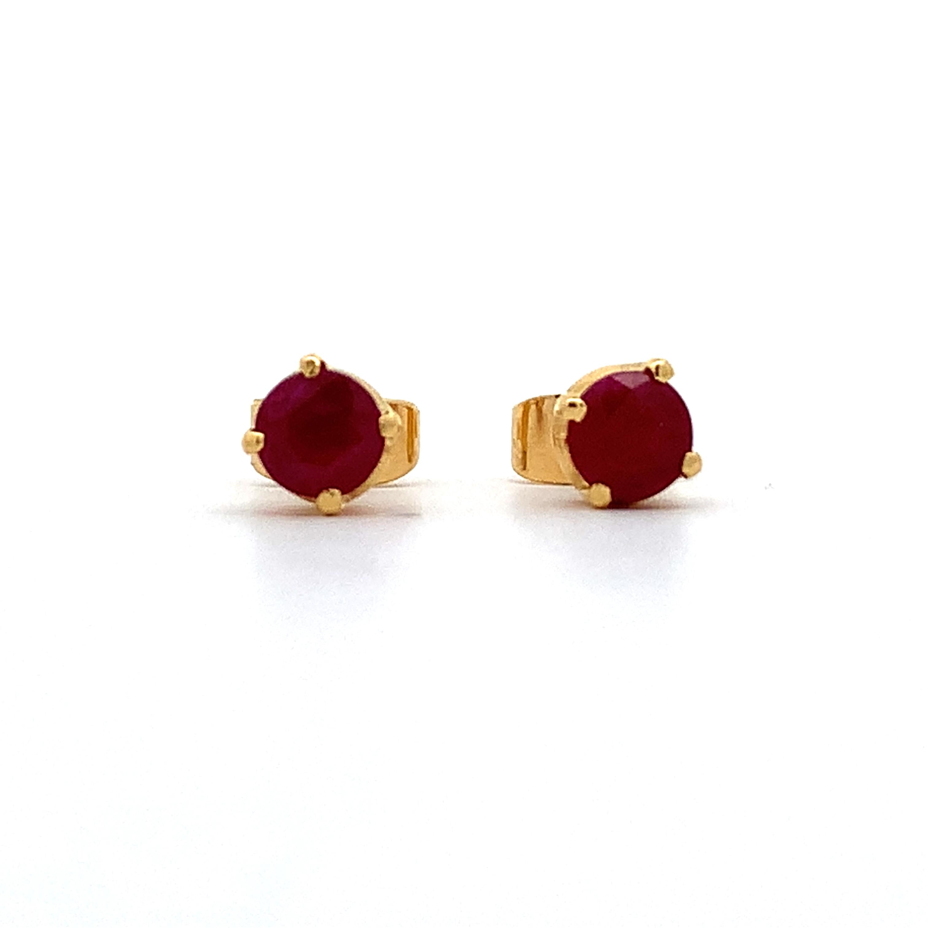 14K Yellow Gold Four-Prongs Round Ruby Solitaire Dainty Stud Earrings