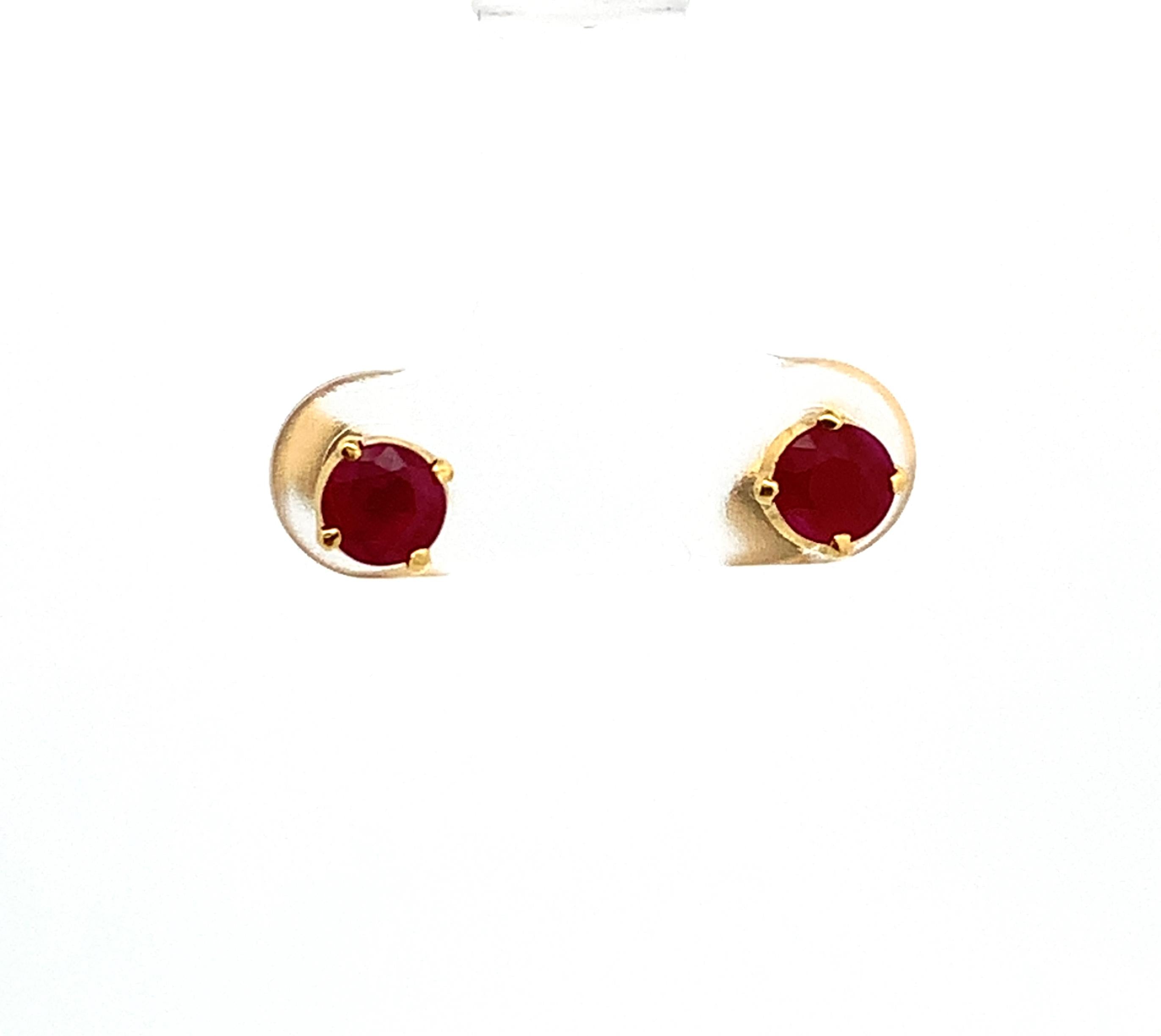 14K Yellow Gold Four-Prongs Round Ruby Solitaire Dainty Stud Earrings