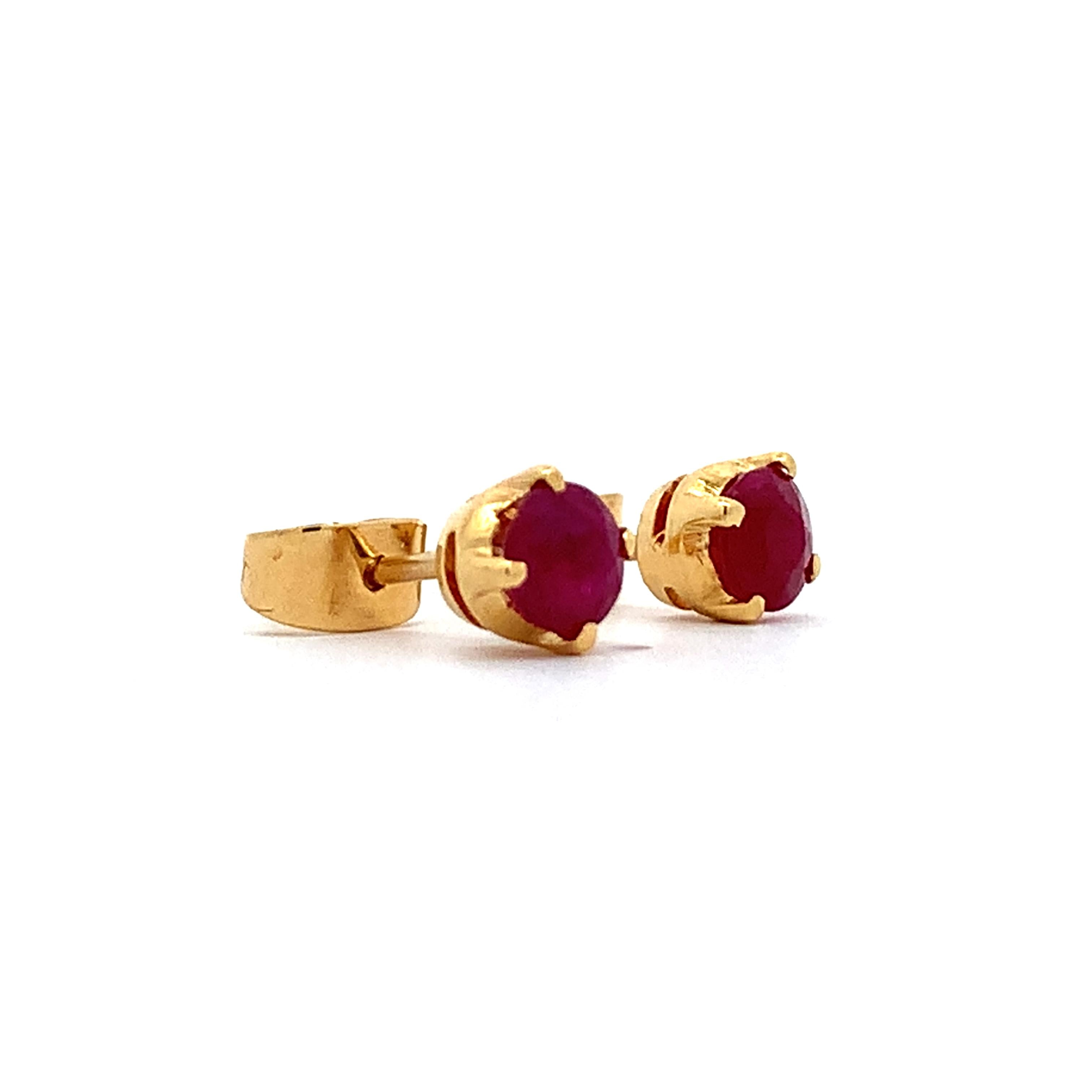 14K Yellow Gold Four-Prongs Round Ruby Solitaire Dainty Stud Earrings