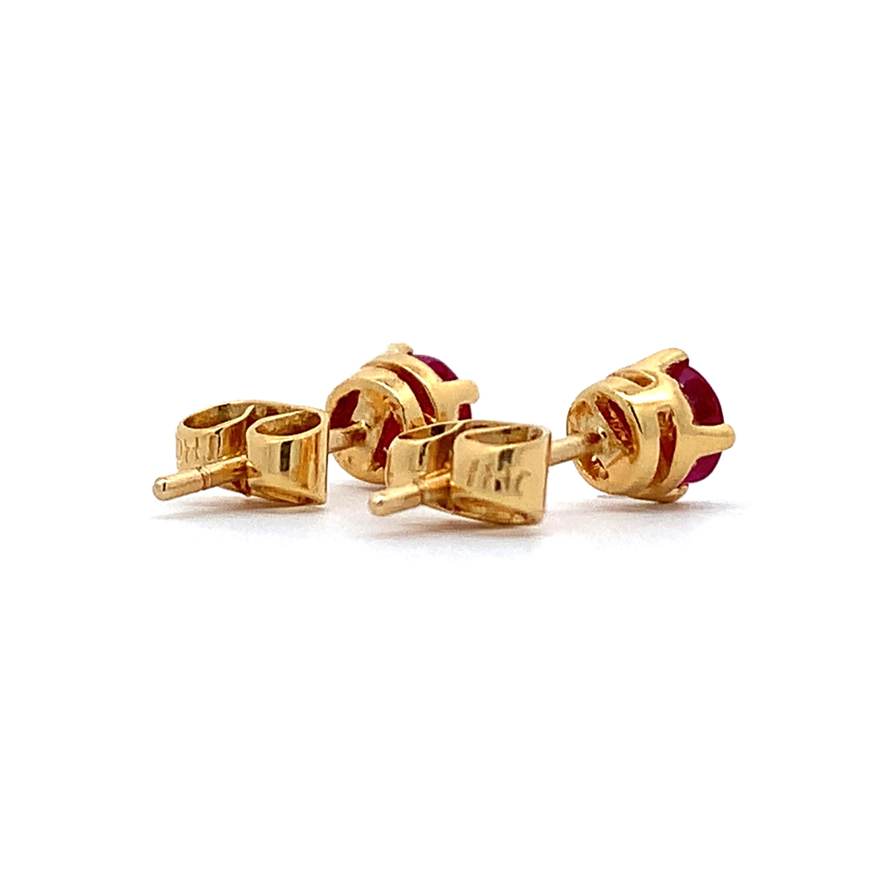14K Yellow Gold Four-Prongs Round Ruby Solitaire Dainty Stud Earrings