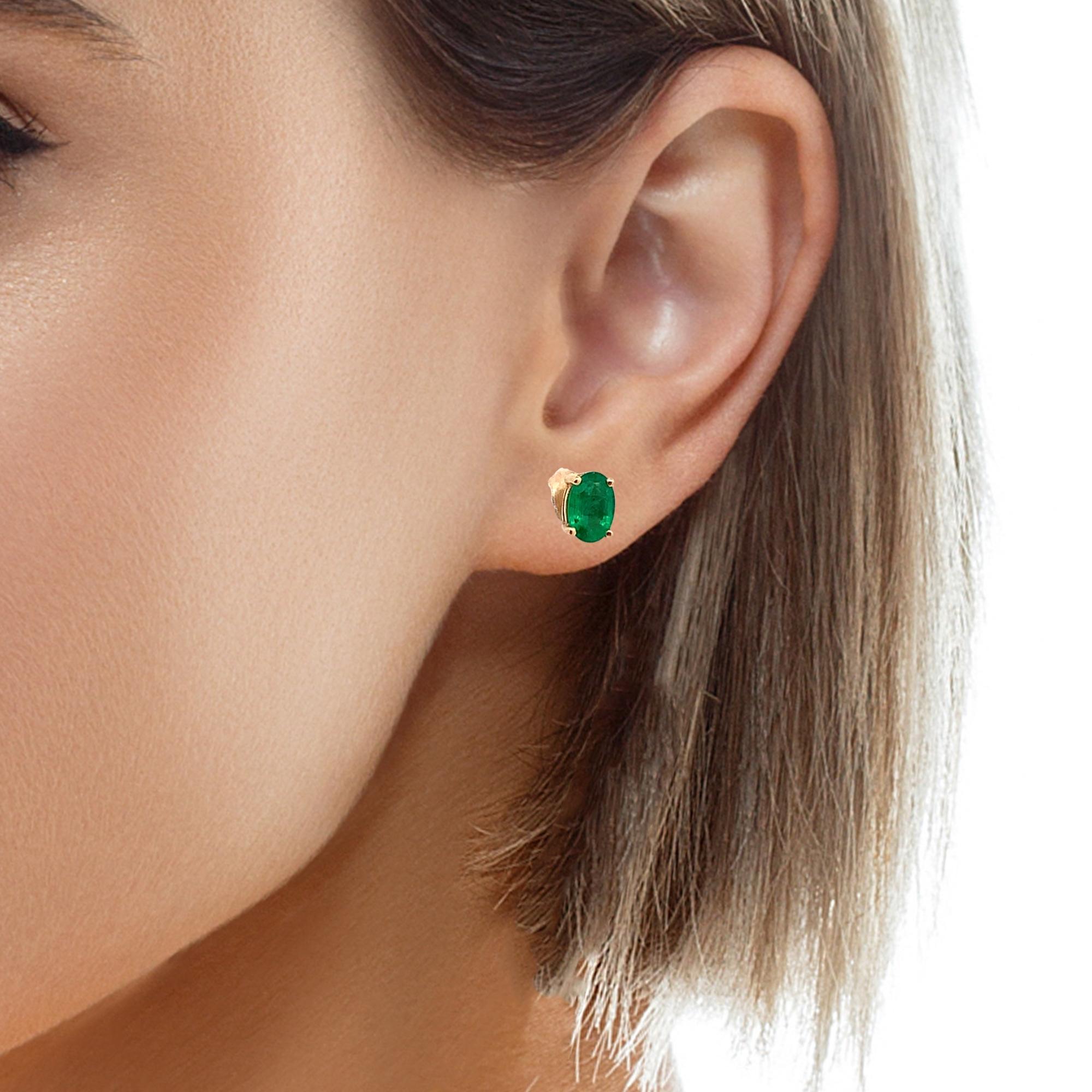 14K Yellow Gold Four-Prongs Oval Cut Emerald Solitaire Dainty Stud Earrings