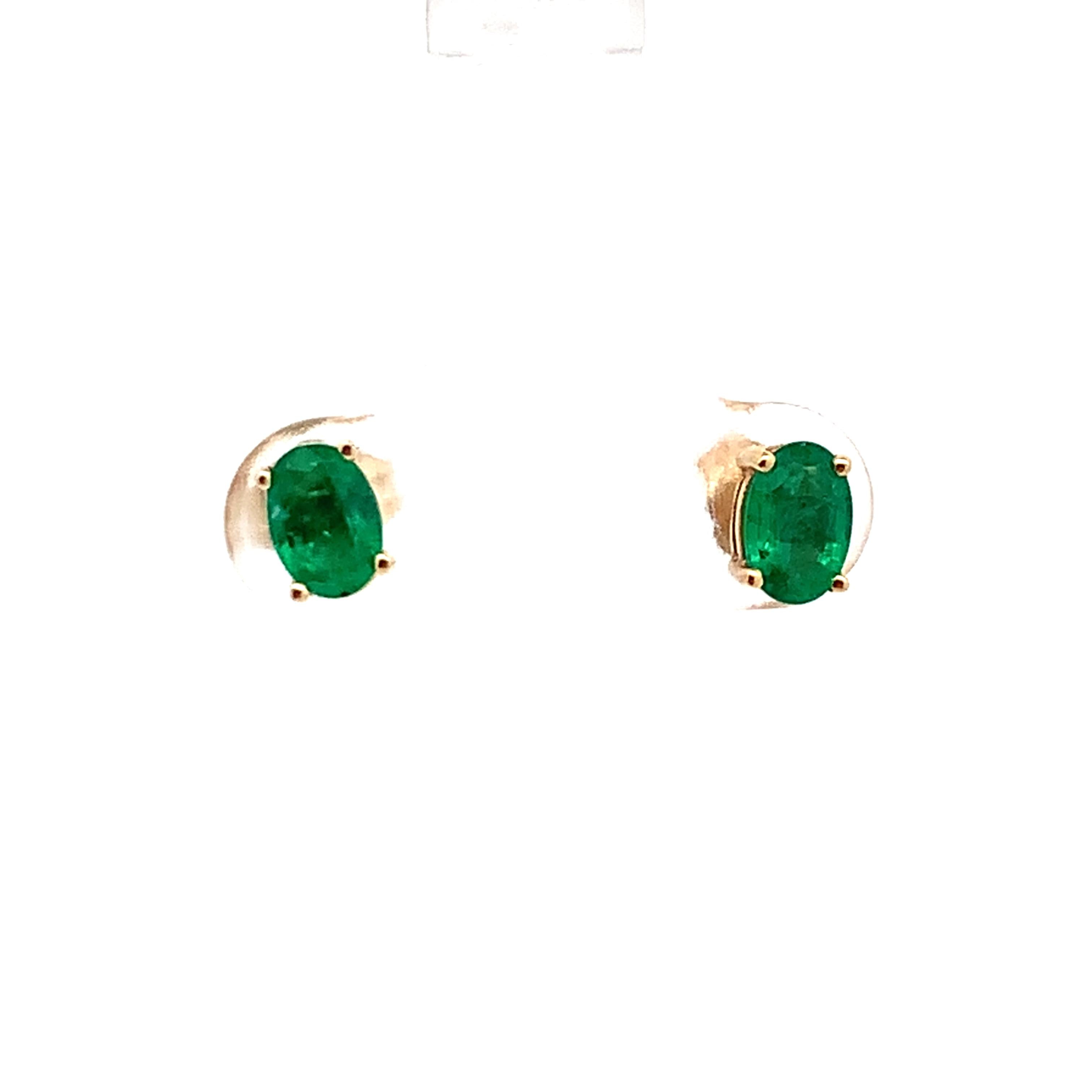 14K Yellow Gold Four-Prongs Oval Cut Emerald Solitaire Dainty Stud Earrings