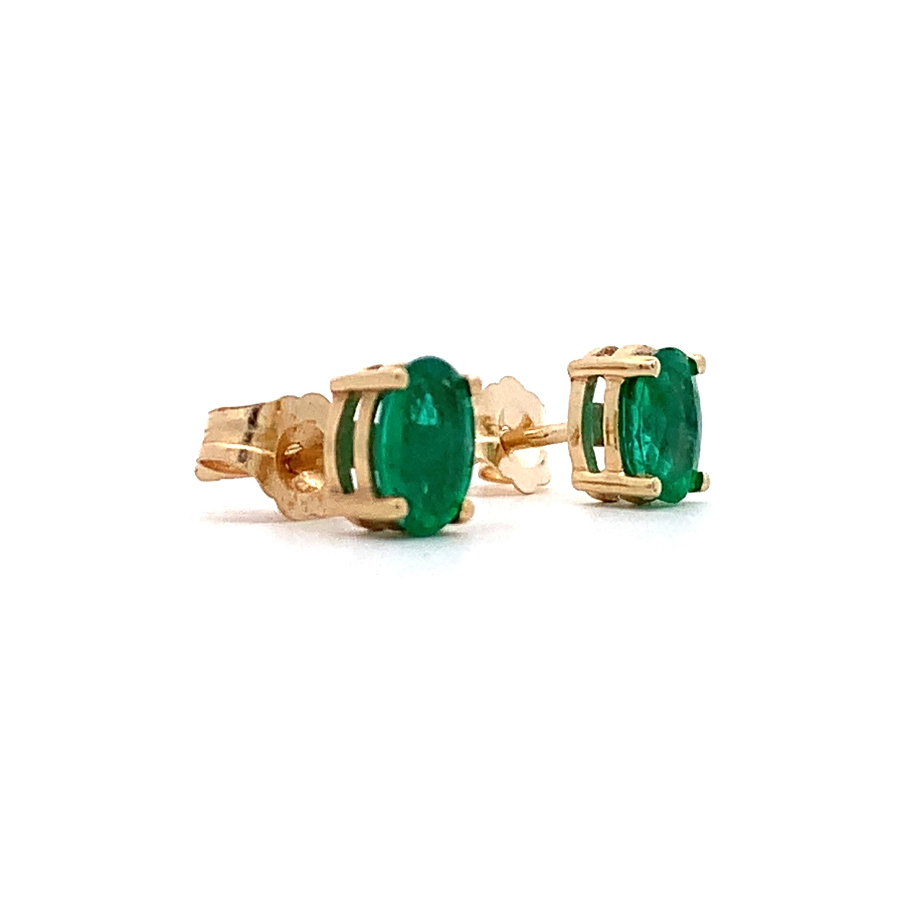 14K Yellow Gold Four-Prongs Oval Cut Emerald Solitaire Dainty Stud Earrings