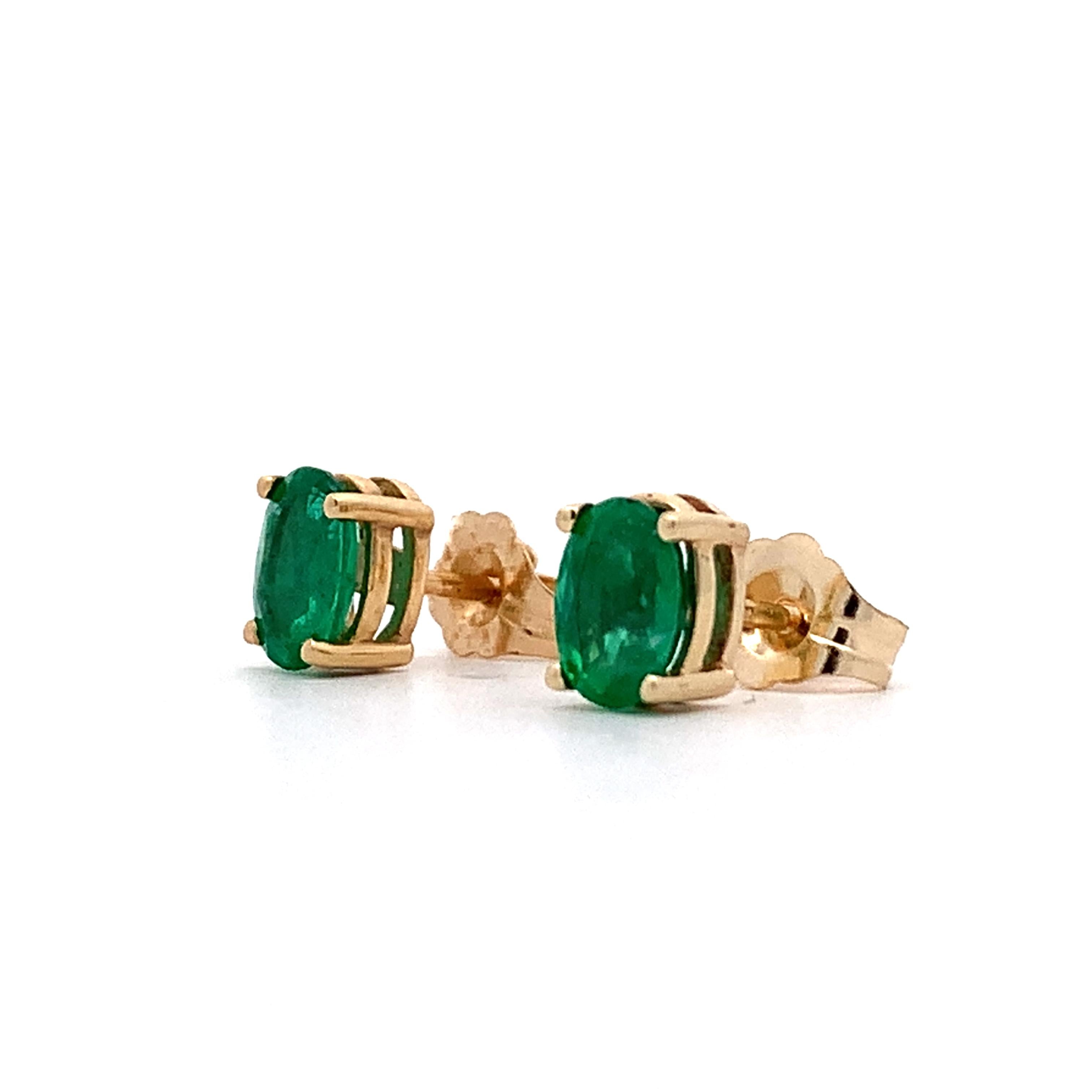 14K Yellow Gold Four-Prongs Oval Cut Emerald Solitaire Dainty Stud Earrings