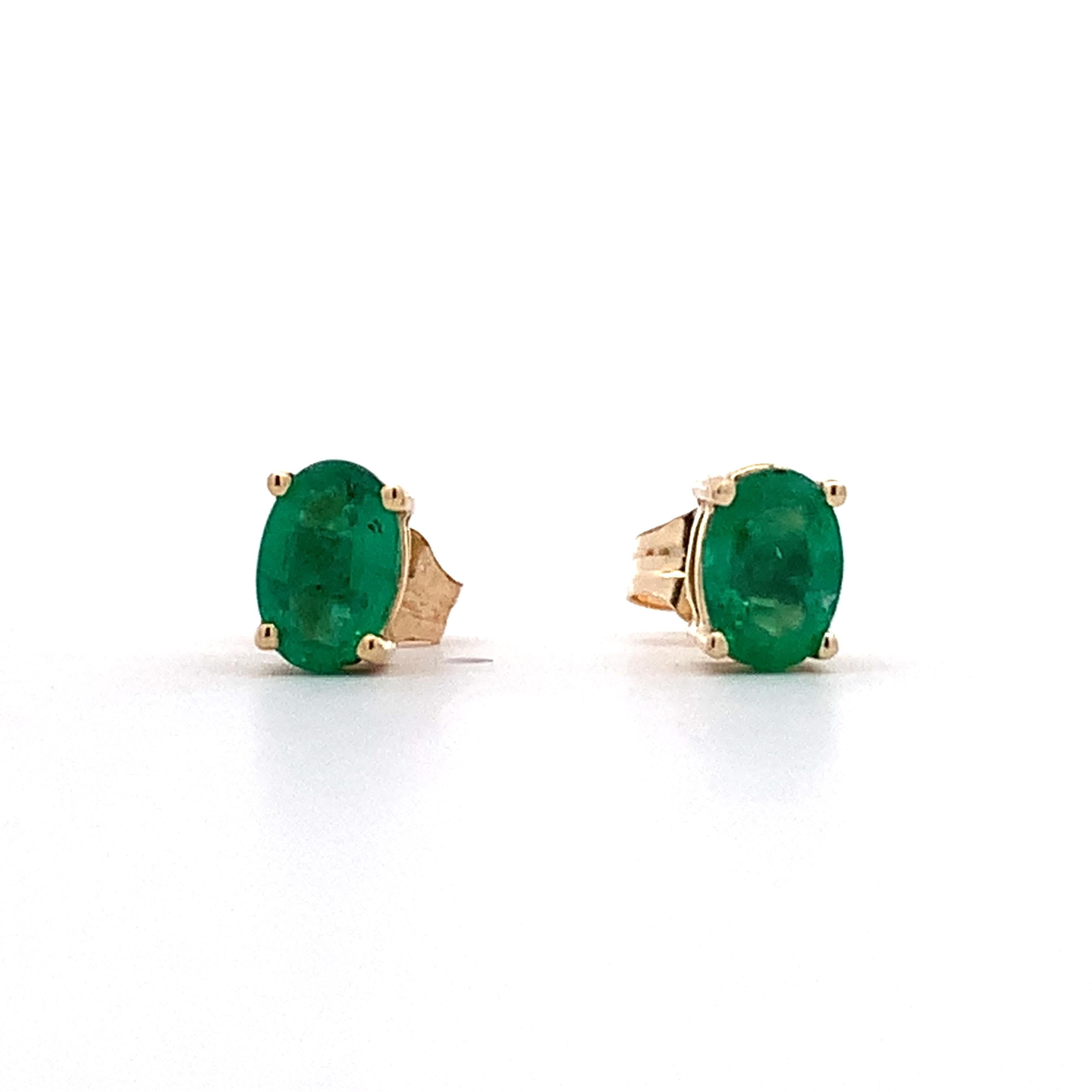 14K Yellow Gold Four-Prongs Oval Cut Emerald Solitaire Dainty Stud Earrings