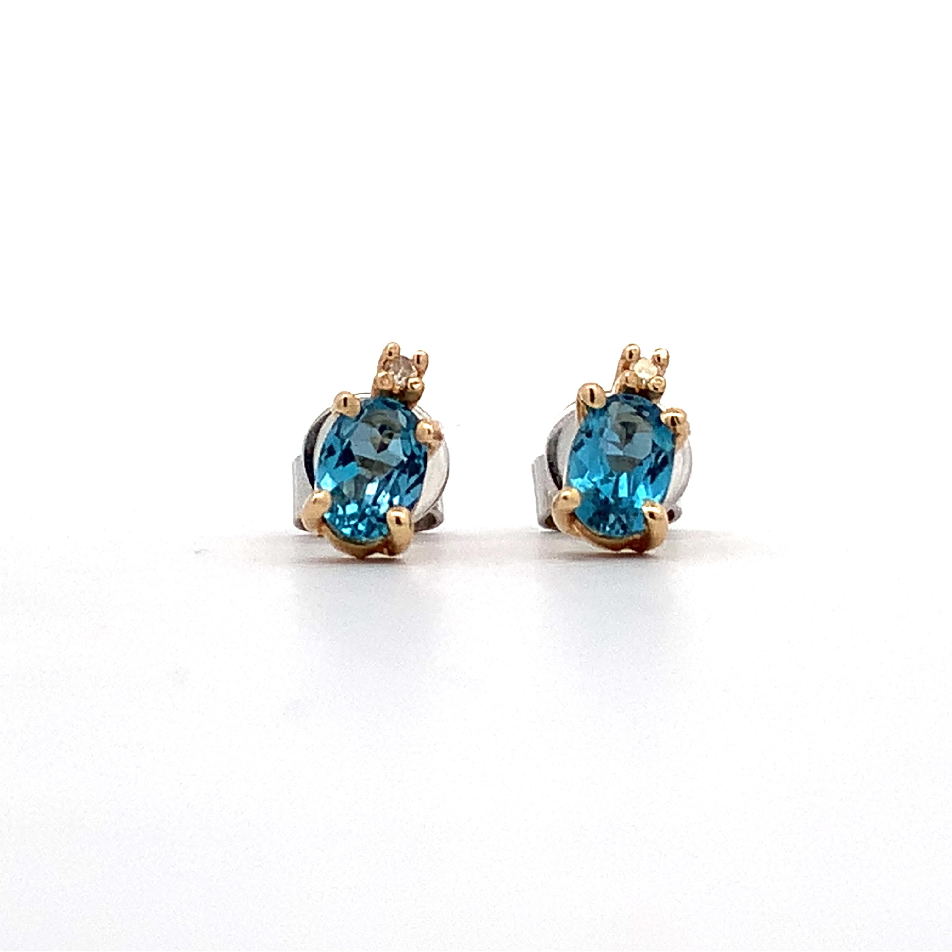 14K Yellow Gold Oval Blue Topaz & Single Cut Diamond Accent Dainty Stud Earrings