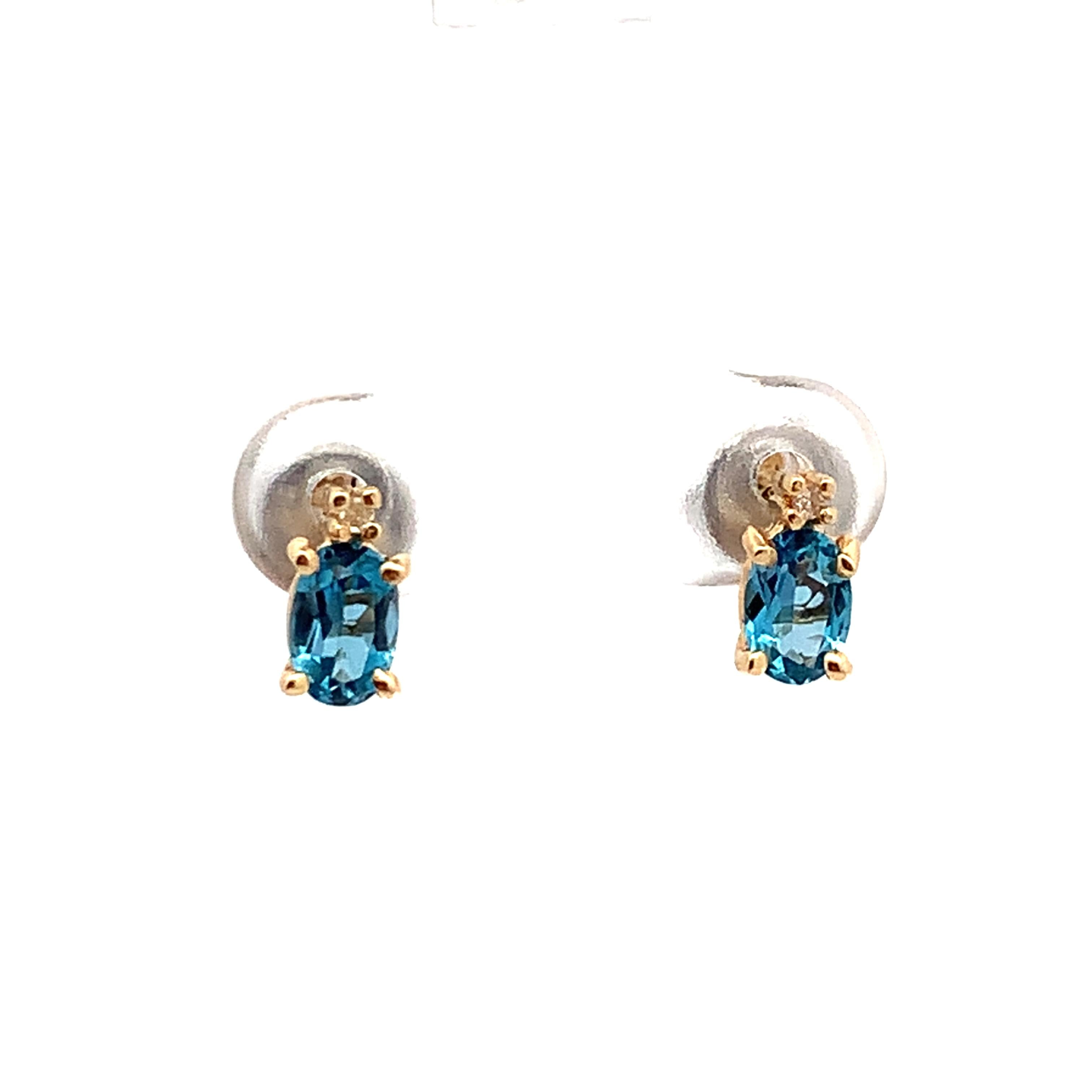 14K Yellow Gold Oval Blue Topaz & Single Cut Diamond Accent Dainty Stud Earrings