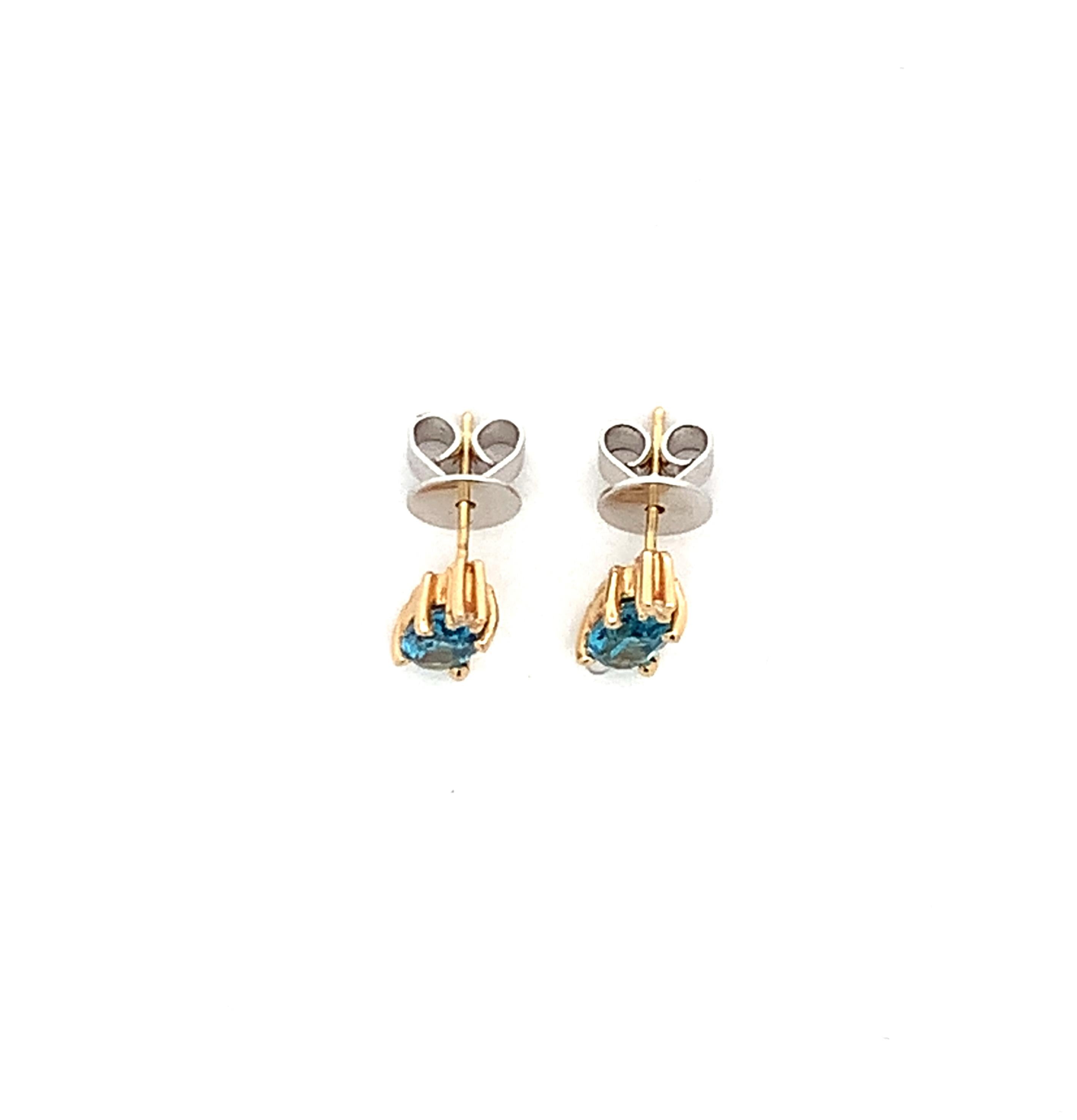 14K Yellow Gold Oval Blue Topaz & Single Cut Diamond Accent Dainty Stud Earrings