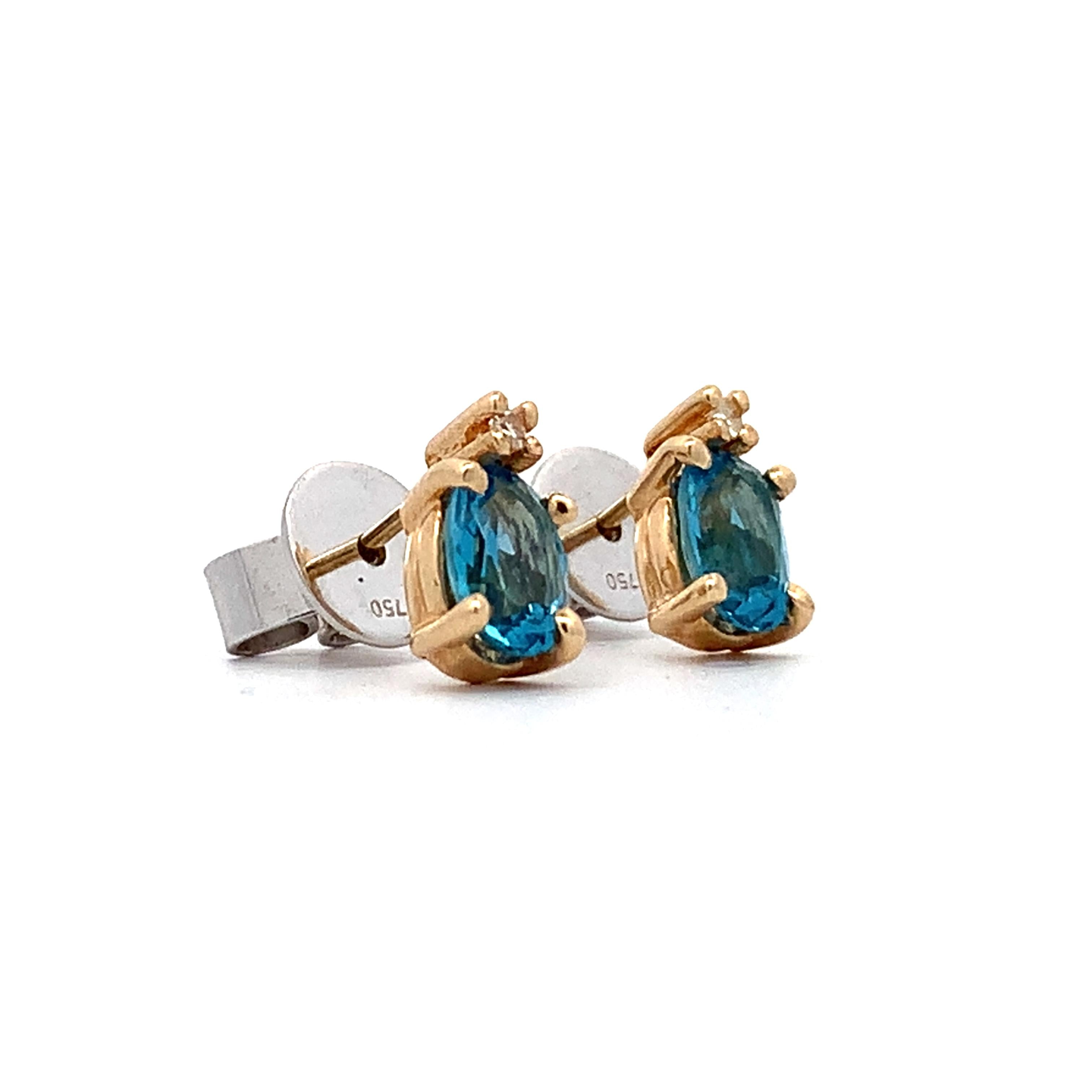 14K Yellow Gold Oval Blue Topaz & Single Cut Diamond Accent Dainty Stud Earrings