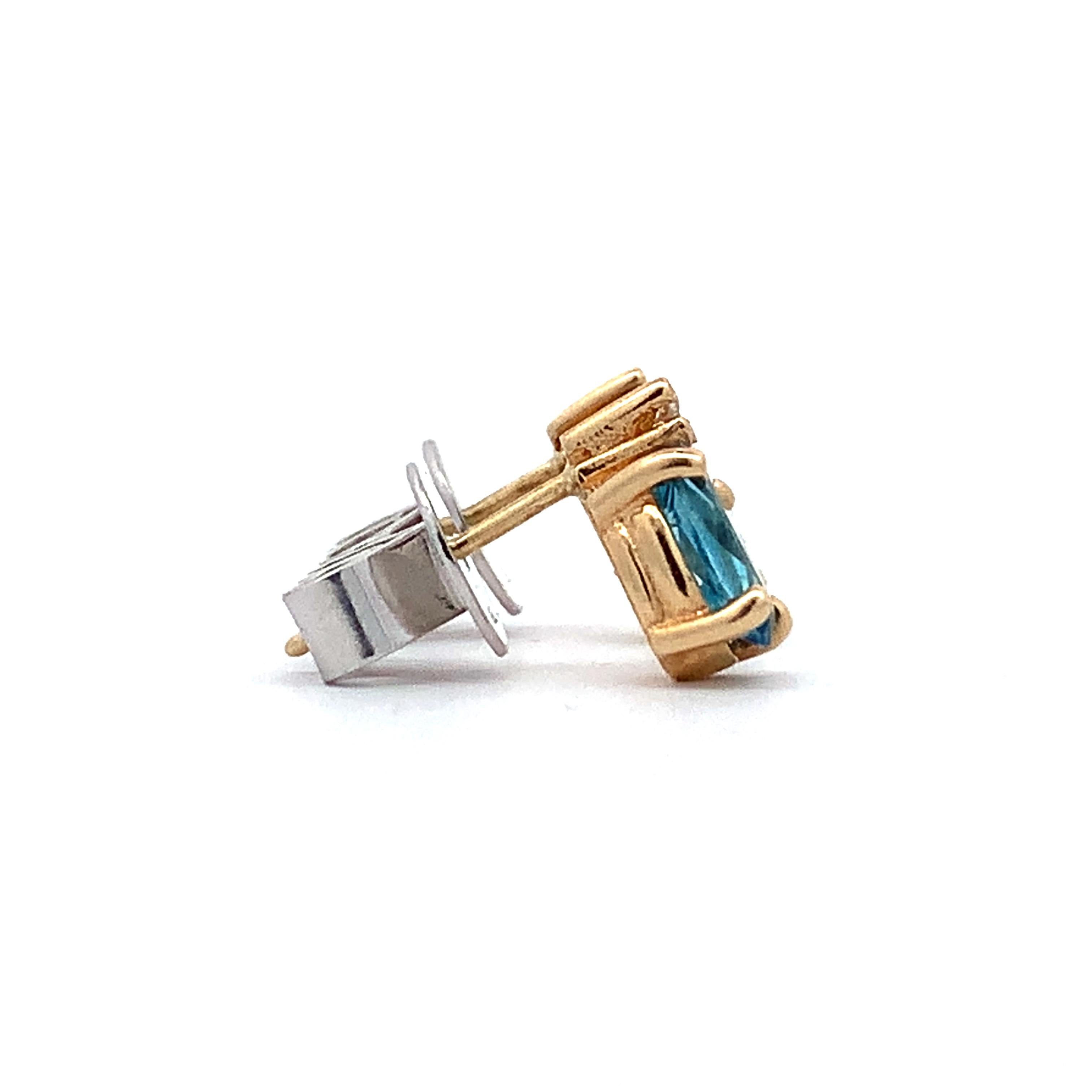 14K Yellow Gold Oval Blue Topaz & Single Cut Diamond Accent Dainty Stud Earrings