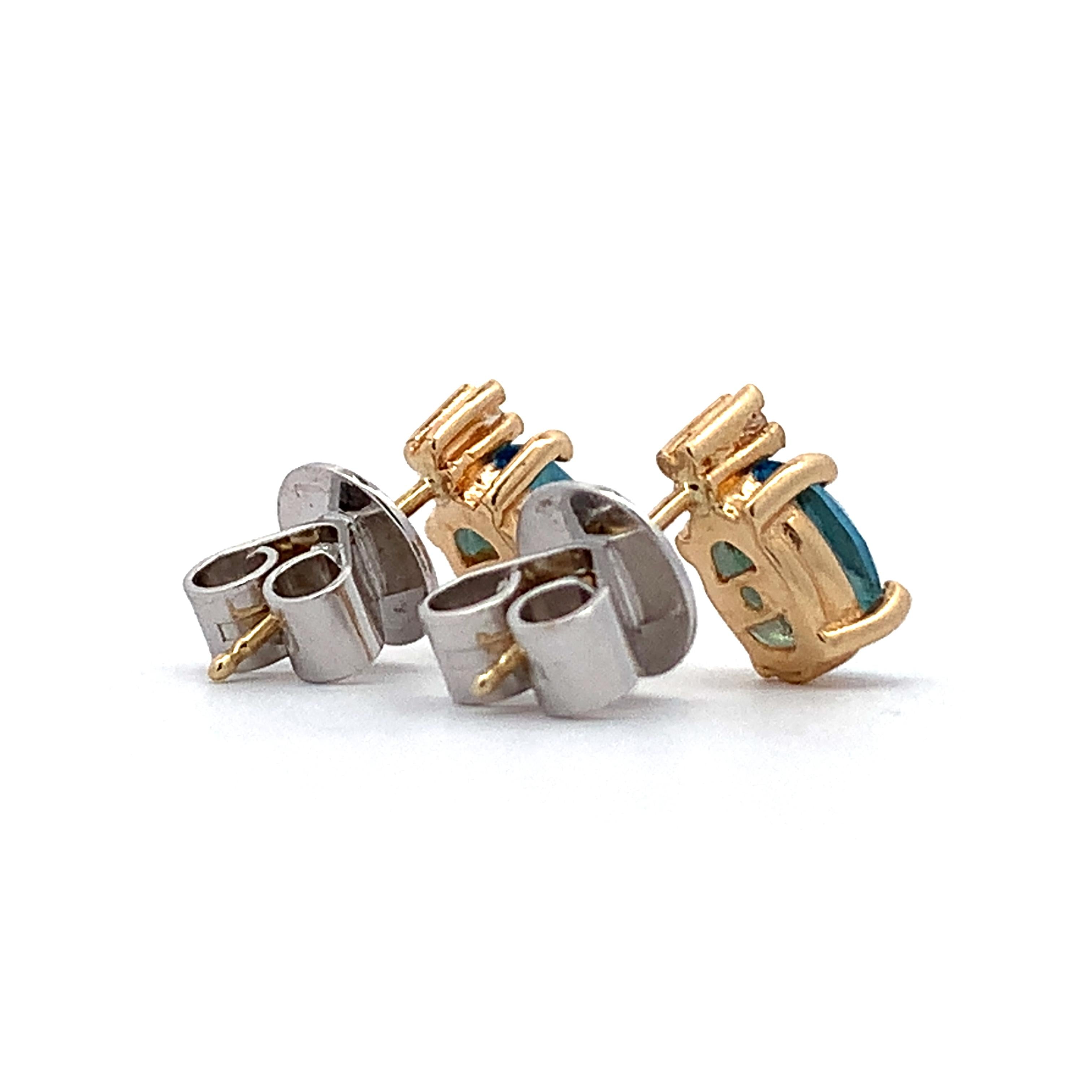 14K Yellow Gold Oval Blue Topaz & Single Cut Diamond Accent Dainty Stud Earrings