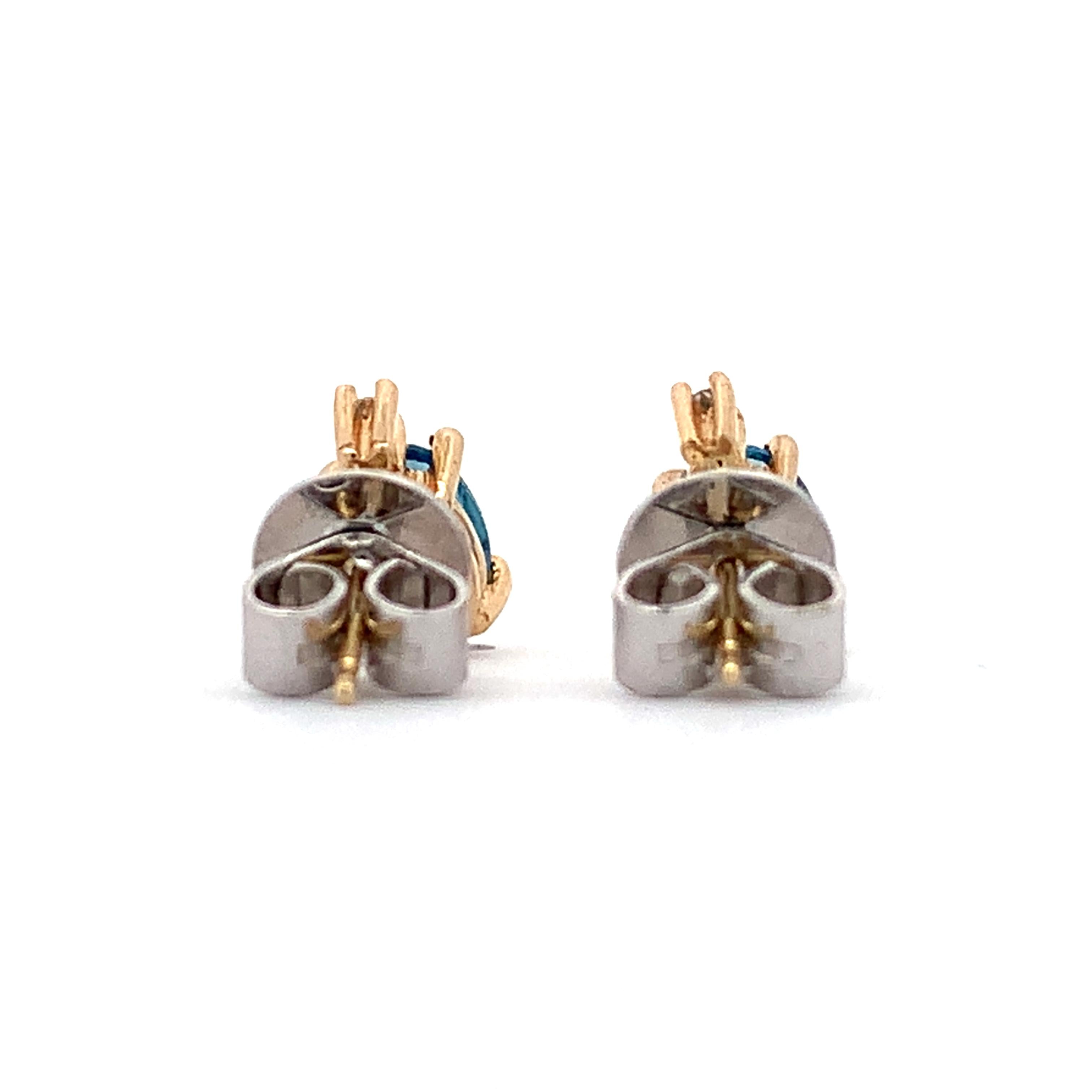 14K Yellow Gold Oval Blue Topaz & Single Cut Diamond Accent Dainty Stud Earrings