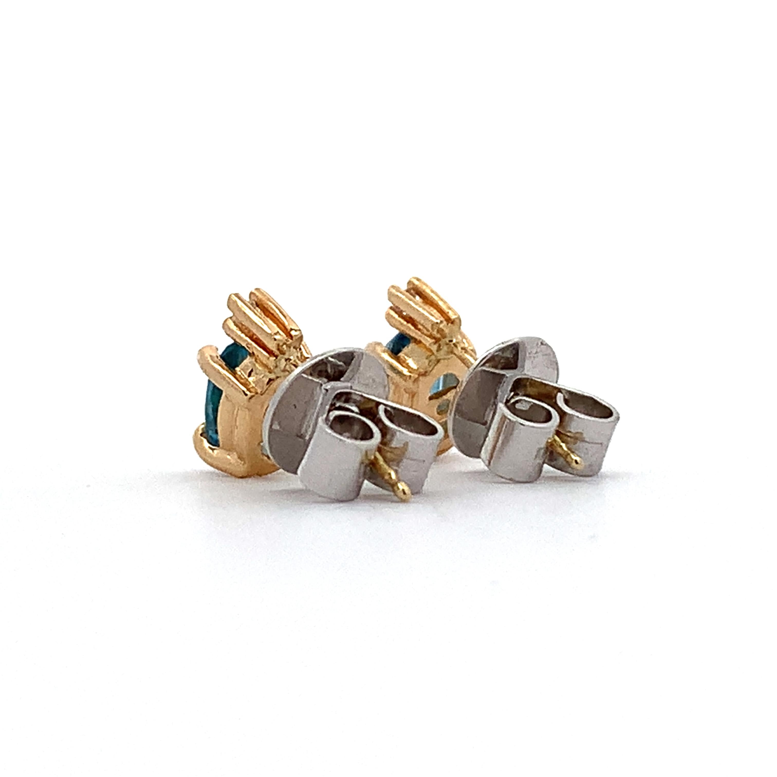 14K Yellow Gold Oval Blue Topaz & Single Cut Diamond Accent Dainty Stud Earrings