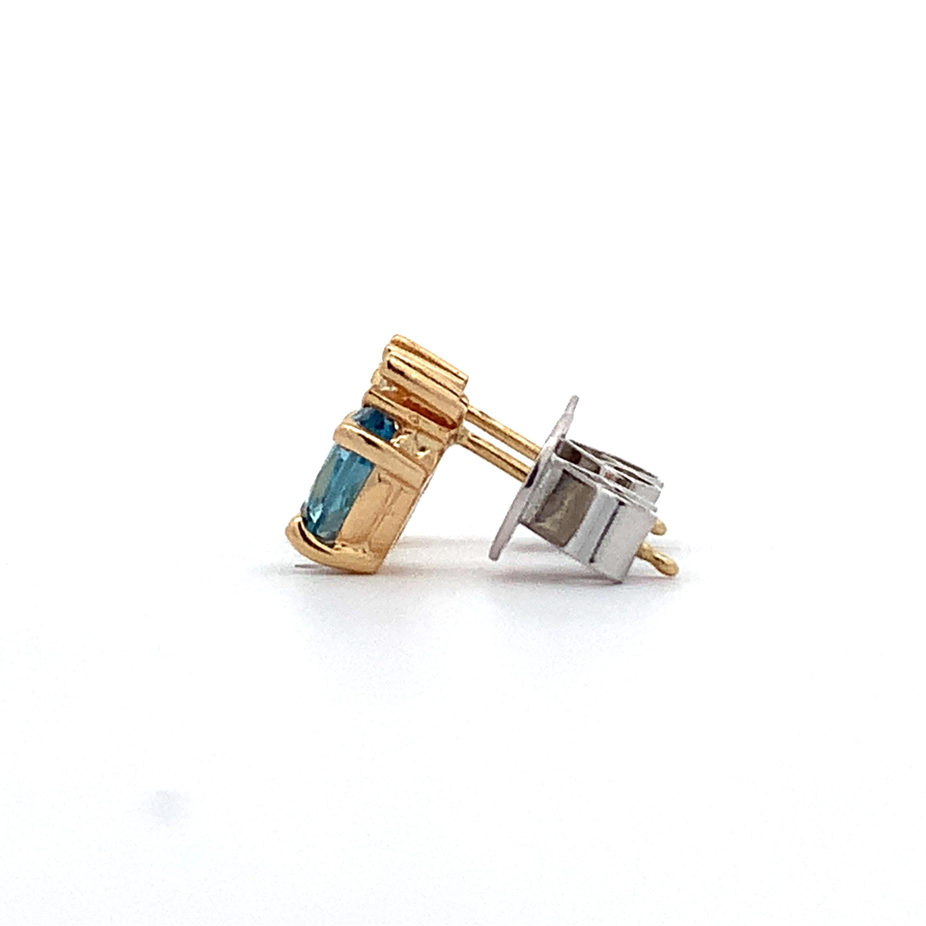 14K Yellow Gold Oval Blue Topaz & Single Cut Diamond Accent Dainty Stud Earrings