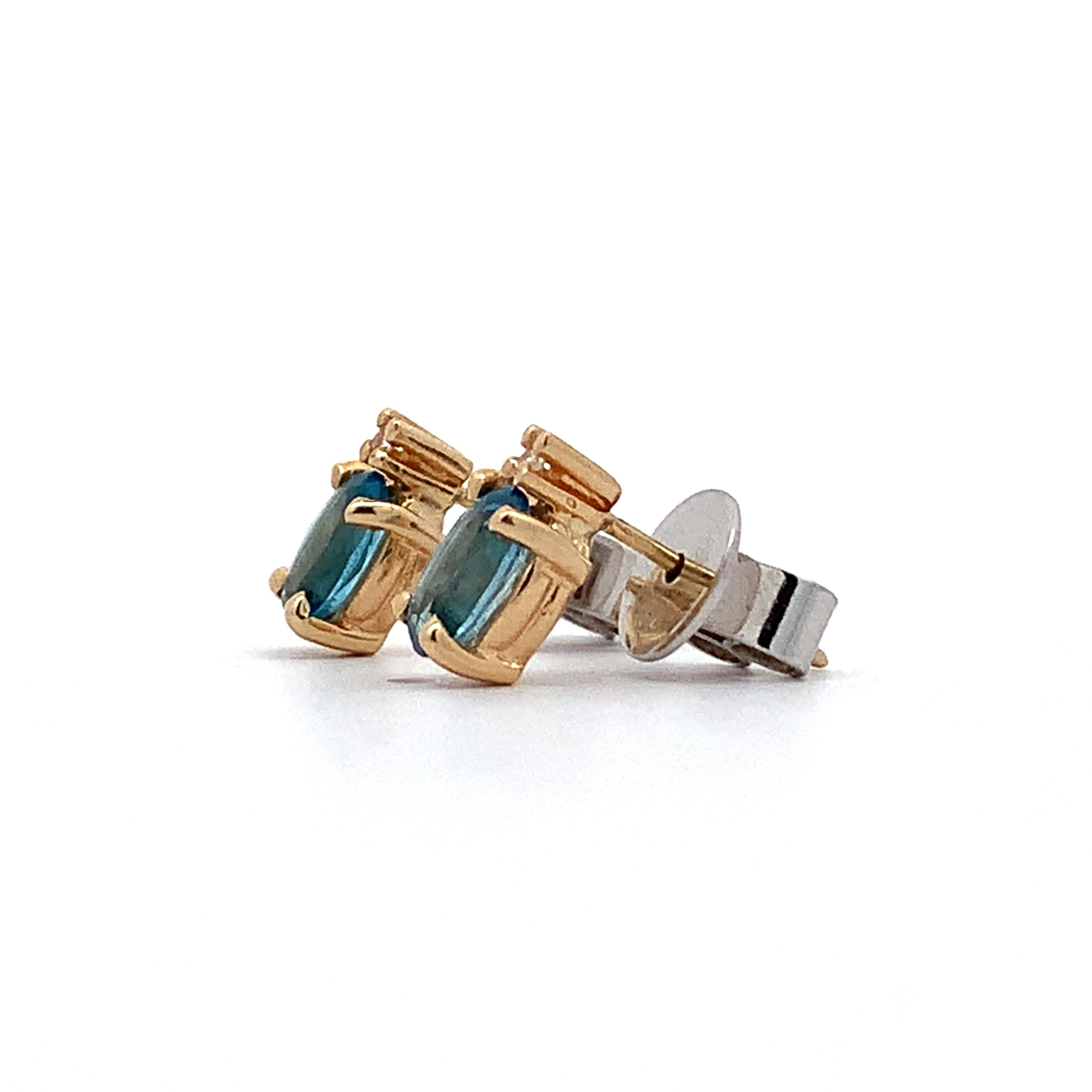 14K Yellow Gold Oval Blue Topaz & Single Cut Diamond Accent Dainty Stud Earrings
